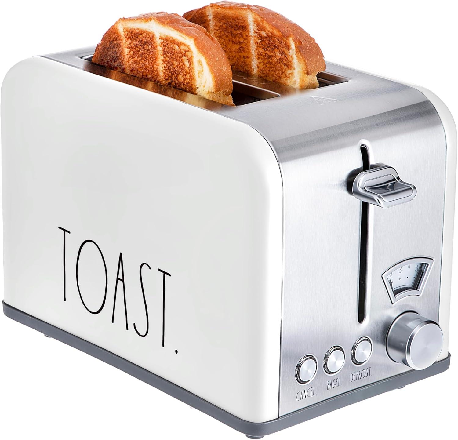 Rae Dunn Toaster, Stainless Steel 2 Slice Square Toaster, Wide Slot with 5 Browning Levels, with Bagel, Defrost and Cancel Options (White)