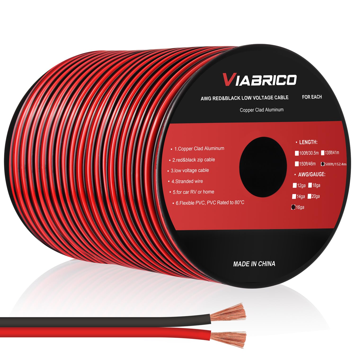 VIABRICO 16Gauge 500FT Electrical Wire Cable 2 Conductors Red Black Cable Hookup LED Lighting Strips Flexible Wire Extension Cord 16AWG Copper Clad Aluminum Copper Wire 12V/24V DC — image 1