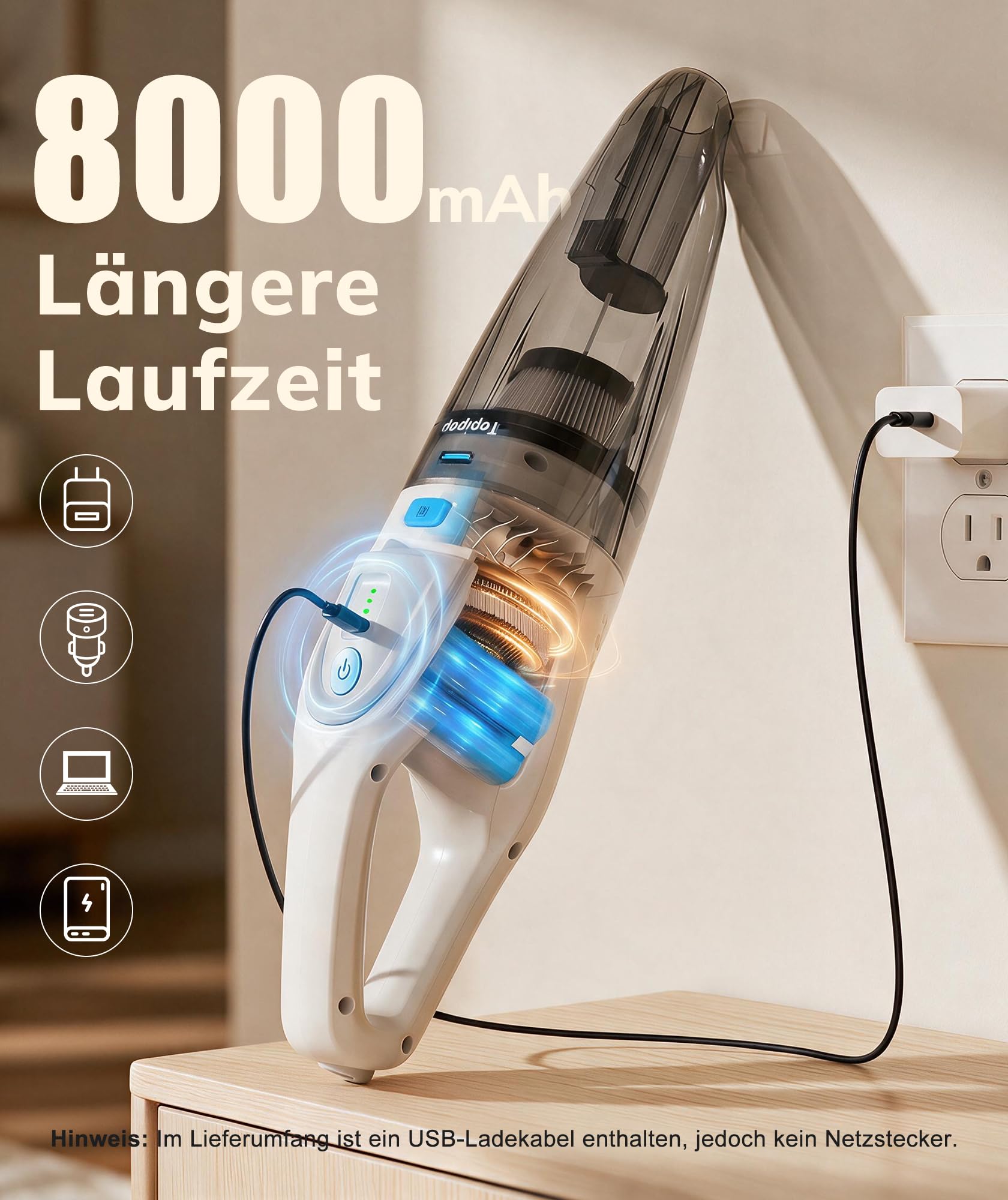 Topipop Aspiradora de mano con batería de 25000 Pa de gran potencia de succión, aspiradora inalámbrica con filtro HEPA y accesorios, aspiradora ligera para pelo de animales, alfombra de casa, oficina