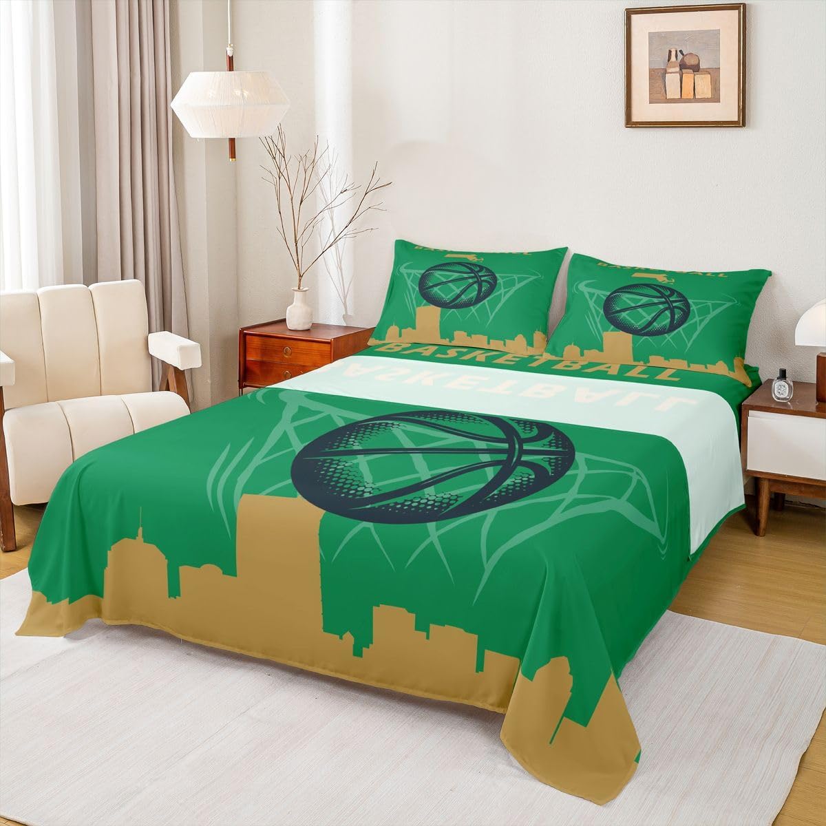 Erosebridal Full Basketball Bed Sheets Set for Teens,Basketball Sheet Set,Basketball Team Sheets for Gift,Sports Game Player Flat Fitted Sheet with 2 Pillowcases Soft,Boston - Image 2