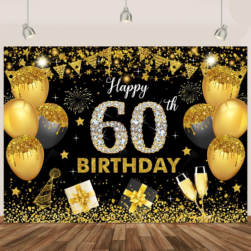 60th Happy Birthday Banner Black Gold Glitter Balloon 60th Birthday Backdrops for Photography Champagne Gift Banner Party Supplies 5.9x3.6Ft