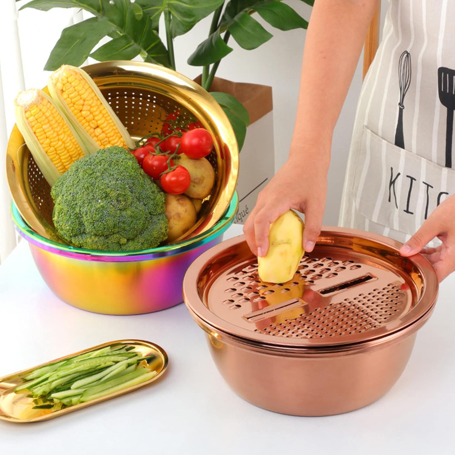 Multifunctional 3 in 1 Vegetable Slicer Cutter Drain Strainer Basket Stainless Steel Vegetable Grater Salad Maker Bowl Basin Kitchen Accessories