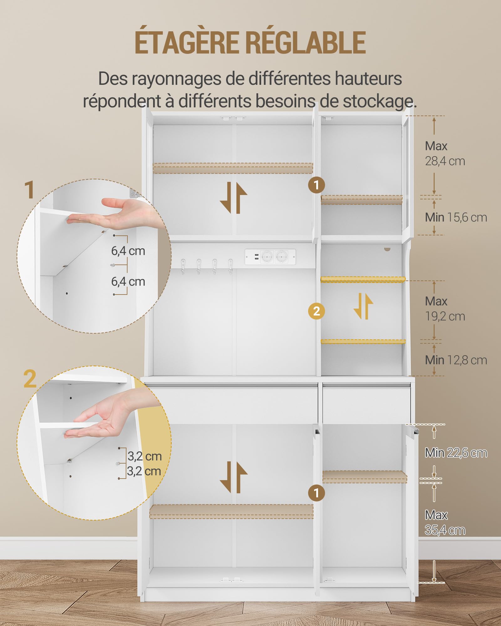 Hzuaneri Armoires Cuisine, Buffet, Haut Vaisselier avec Prises Électriques LED, avec Plans de Travail et Deux Tiroirs, Étagères Réglables, Cuisine, Salon, 40 x 100 x 180 cm, Blanc, PT00103XEU