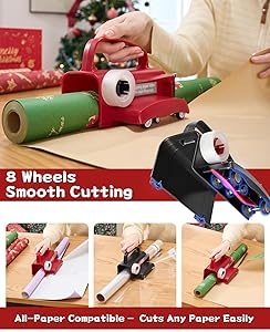 2-Pack Wrapping Paper Cutter with Wheels & Tape Dispenser - Gift Wrap Tool Kit with Replaceable Blades for Christmas, Birthday - Safe, Efficient, and Precise Cutting