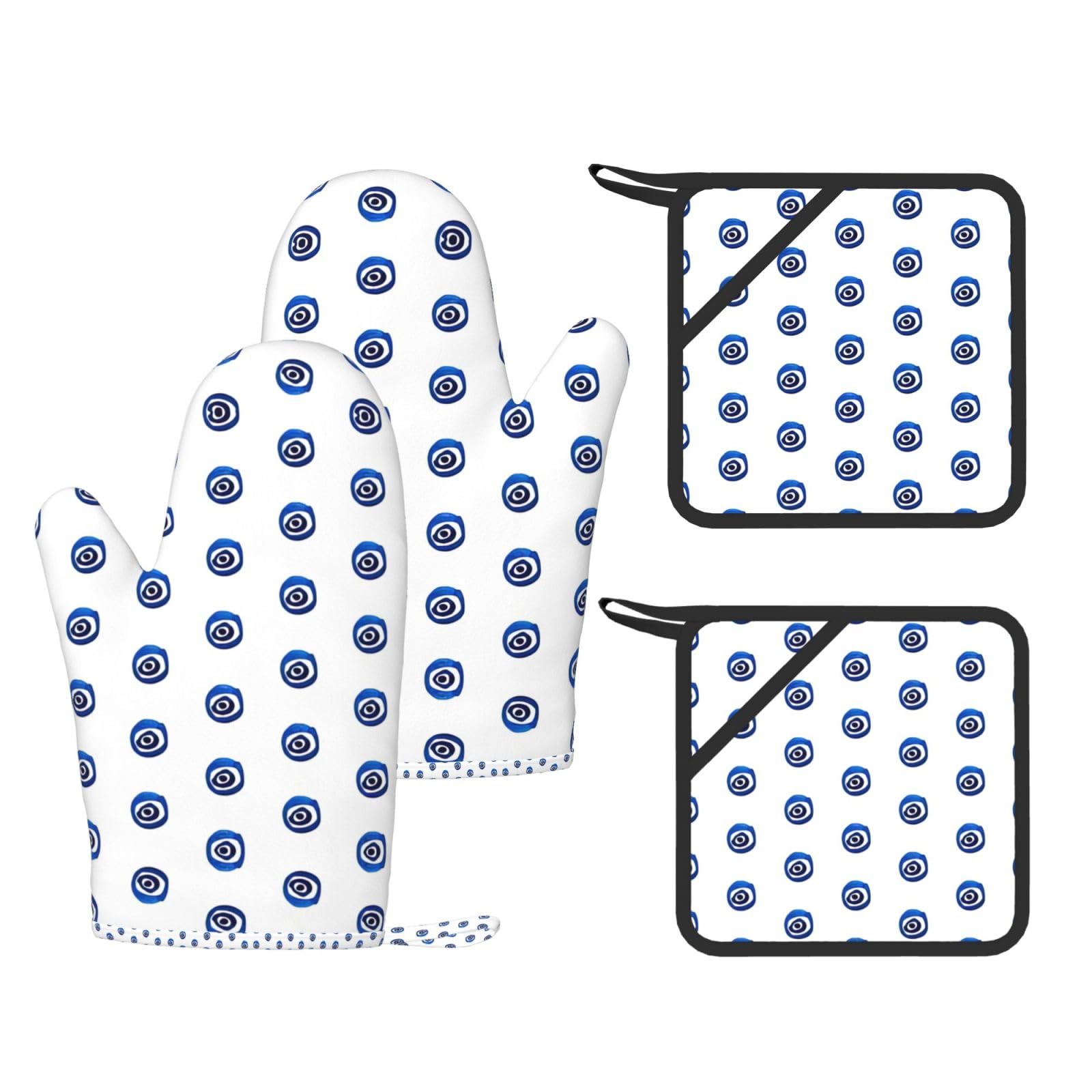 Evil eyes Trendy Printed Kitchen Set with Heat Resistant Gloves & Non-Slip Hot Pads for Baking & Grilling