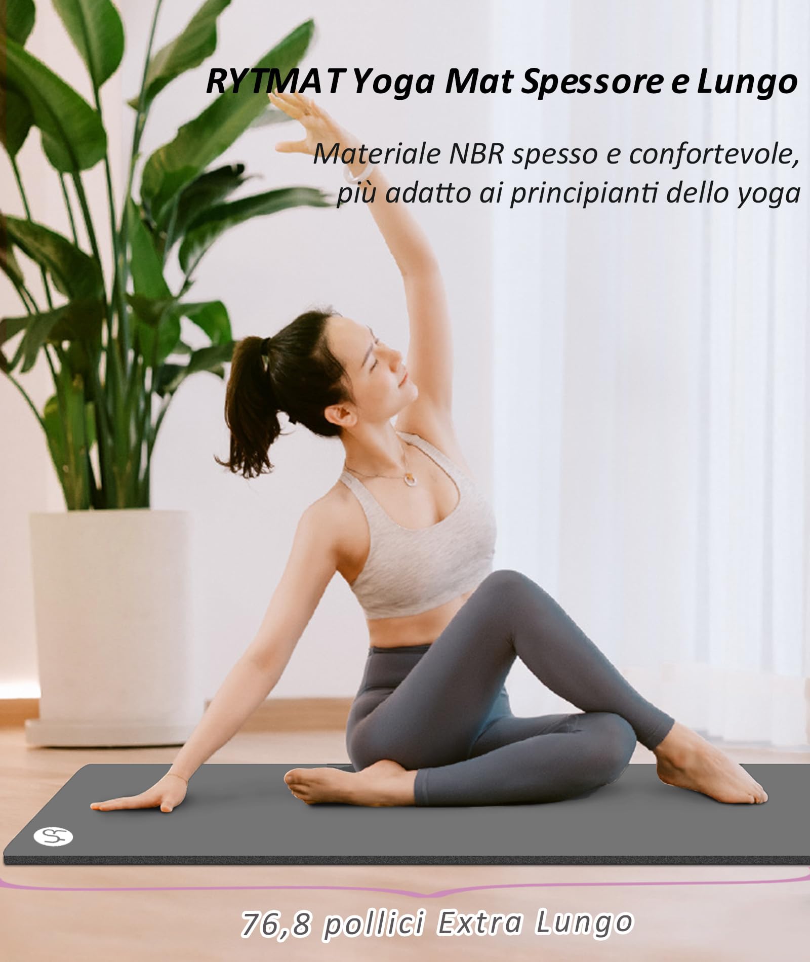 Tappetino Yoga Antiscivolo NBR 183x61cm, Spessore 15mm, Con Cinghia Di Fissaggio E Borsa A Rete, Morbido E Resistente Per Fitness E Pilates