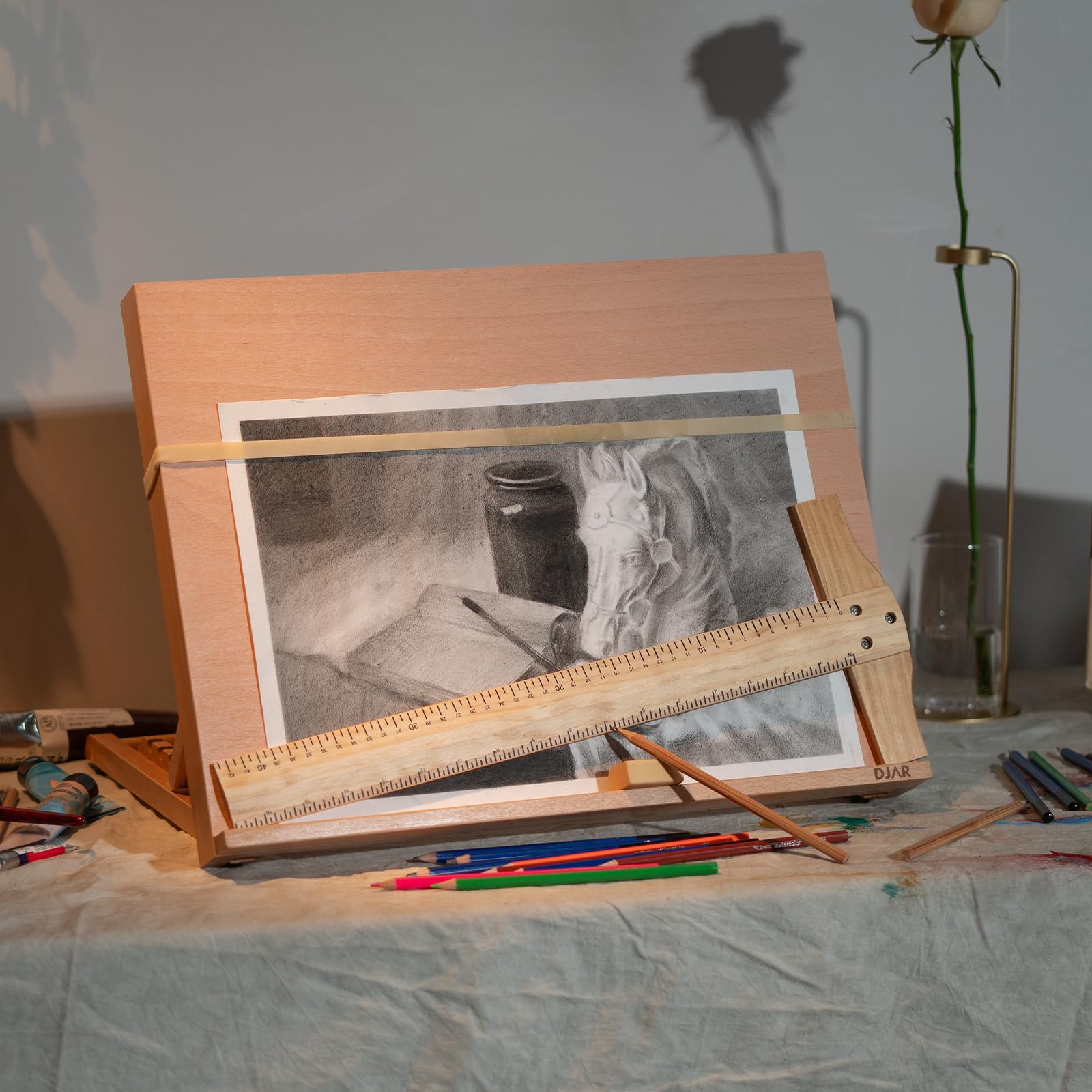 DJAR Mesa de Dibujo de Madera, Caballete de Mesa y Tablero de Bocetos 47 x 36 cm, Soporte de Dibujo con Ángulo Ajustable en 5 Posiciones