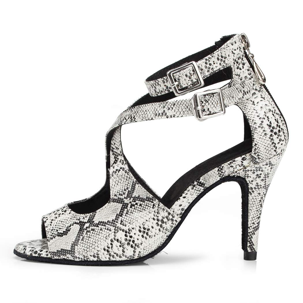 MGM-Joymod Women's Stiletto Heel Peep Toe Snakeskin Synthetic Ankle Strap Latin Tango Social Dance Prom Shoes/Silver 10 M US