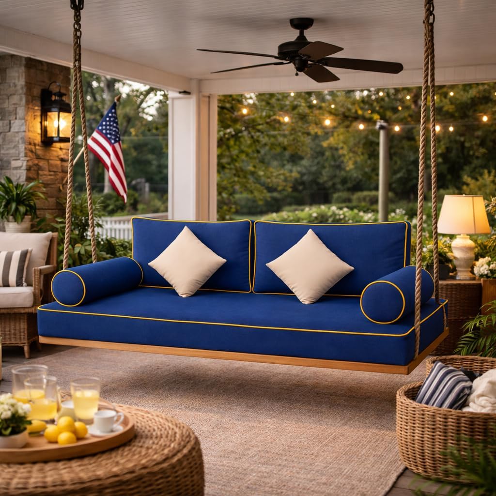 Outdoor Twin Daybed Cushion Set, 7-Piece Patio Swing Bed Mattress with Bolster & Back Pillows, Soft Comfortable Fade-Resistant Cushions with Non-Slip Backing, 75" x 39" x 6" Dark Blue