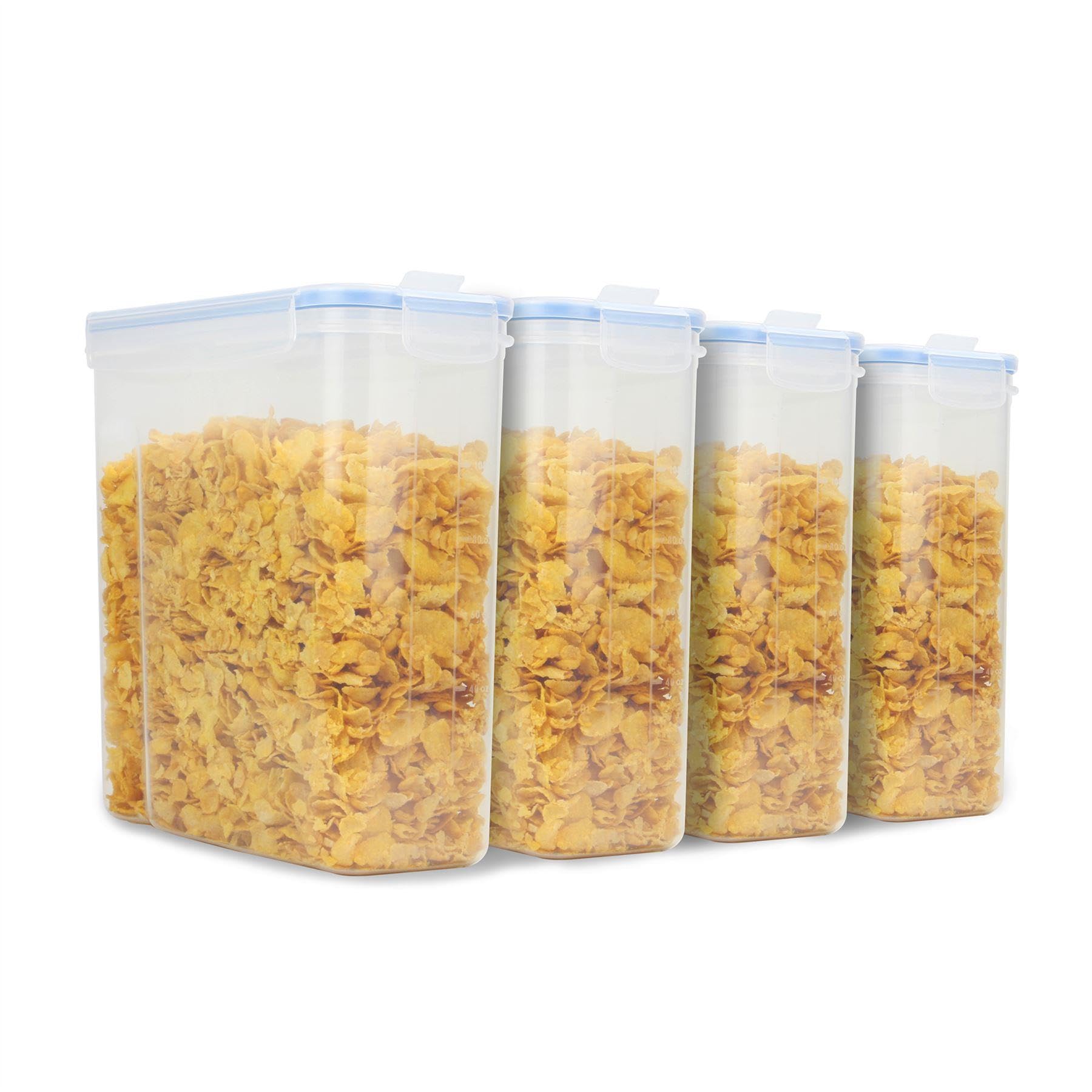 Pukkr Cereal Storage Containers Set Of 4 – 2.4L Bpa-Free Plastic Dispensers With Airtight Lids, Fresh Seal Clips, Labels & Pen – Flour, Pasta & Cornflakes Storage