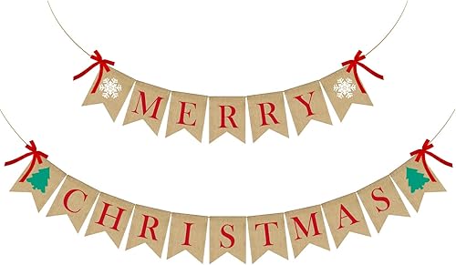 Miniatura 9 de PACETAP Cartel de arpillera de Feliz Navidad con 4 lazos rojos, decoración navideña para el hogar para interiores, chimenea, pared, árbol