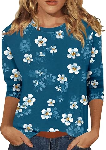 3/4 Sleeve Tops for Women Fashion Vintage Floral Graphic Tees Summer Crew Neck Shirts Going Out Outfits