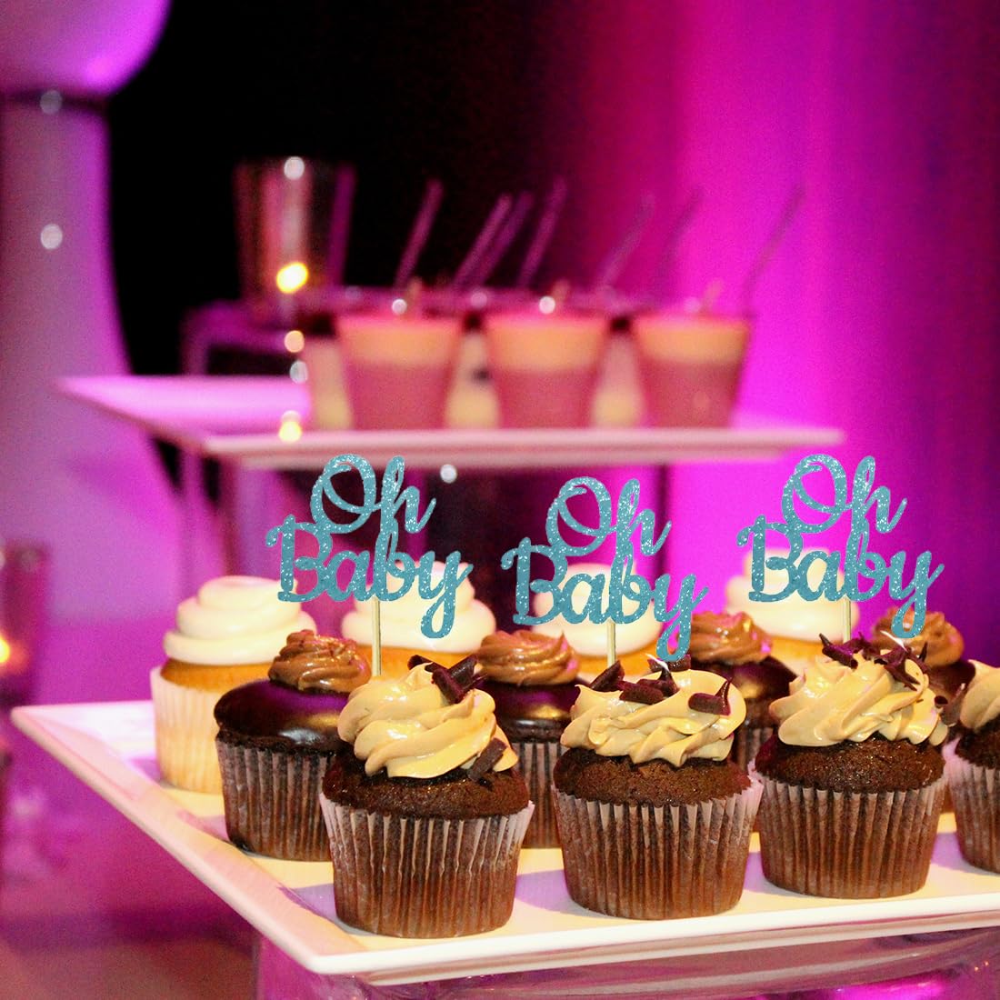 30 Stück Oh Baby Cupcake Topper | Blau Glitzer Für Babyparty, Torten Deko