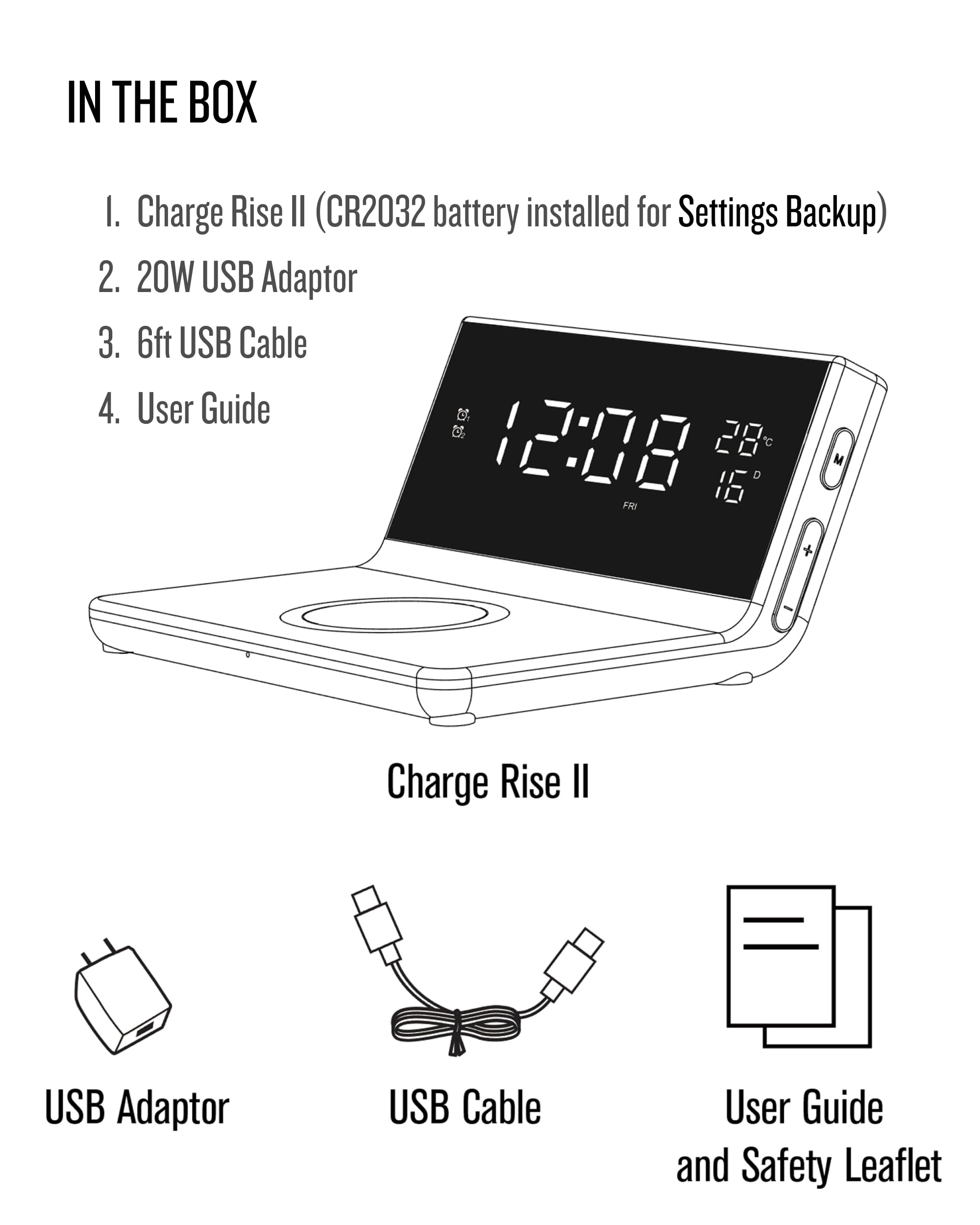 Soundfreaq Charge Rise II, SFQ-20: Sveglia digitale, con doppio allarme, caricabatterie USB veloce e caricabatterie wireless (nero)