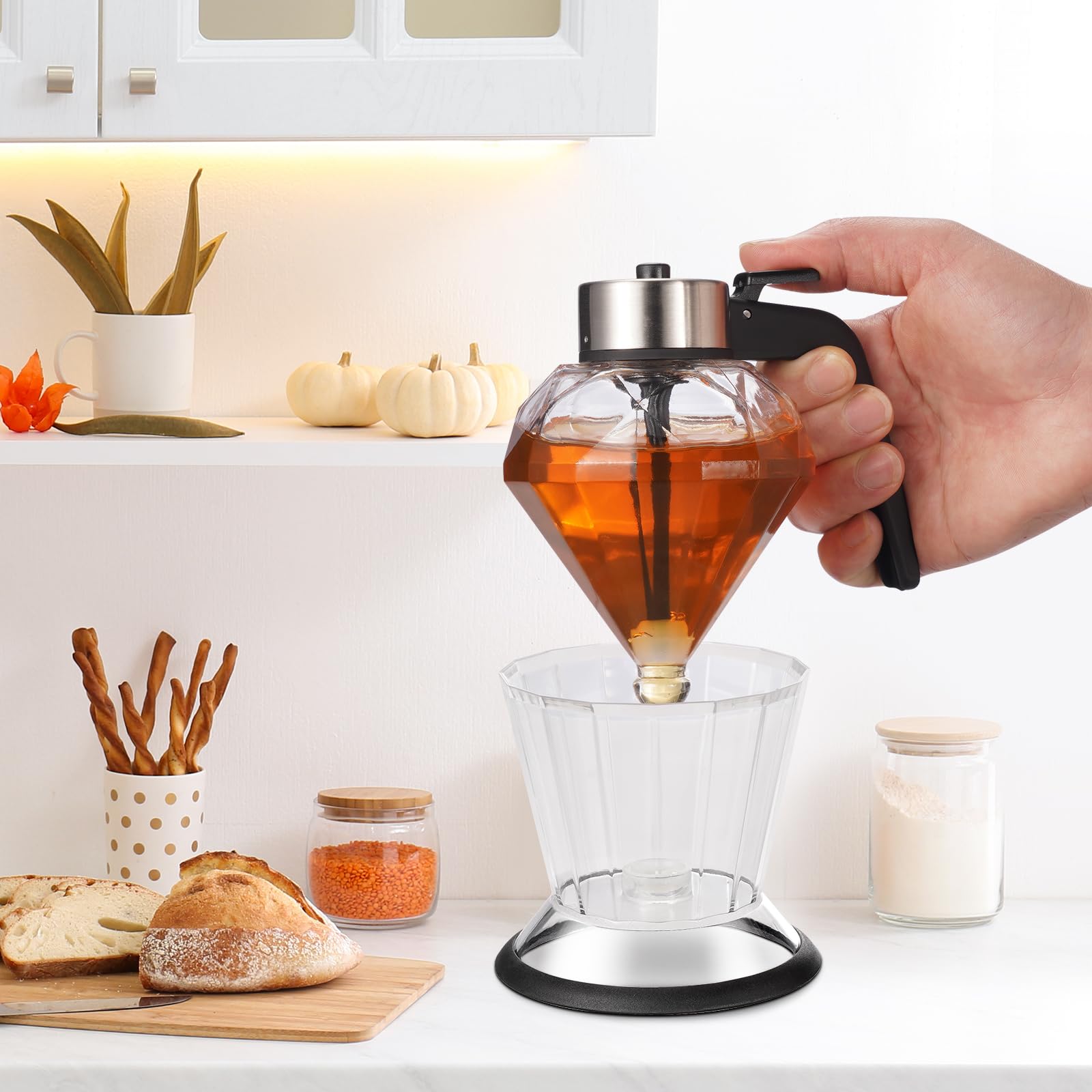 Dispensador de miel de vidrio, sin goteo con soporte, tarro de miel en forma de diamante, hermoso jarabe y tarro de azúcar