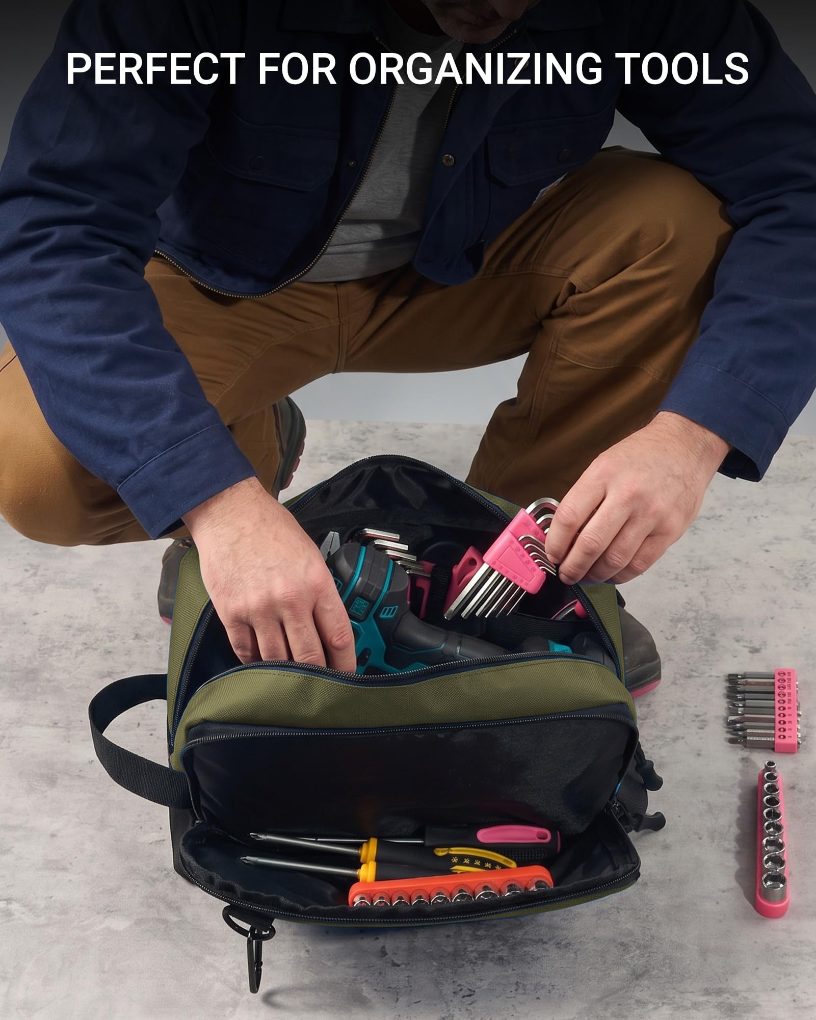 Lot de 2 sacs à outils – Organisateur multi-poches compact avec sangle réglable et mousqueton. Parfait pour ranger votre sac à outils. Zone d'étiquette incluse