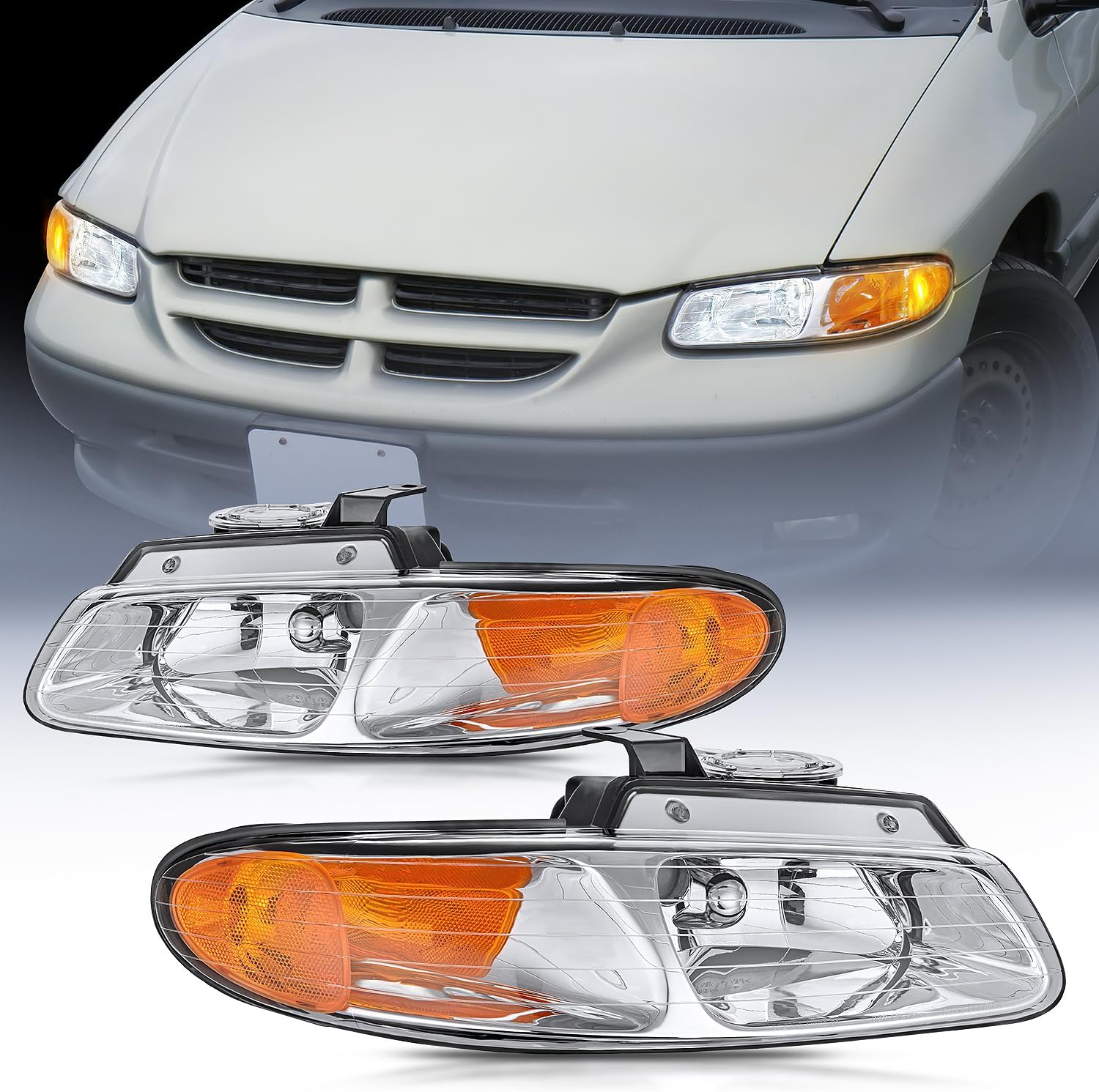 Nilight Headlight Assembly Compatible with 1996 1997 1998 1999 Chrysler Town & Country Dodge Grand Caravan Plymouth Grand Voyager Replacement Headlamp Chrome Housing Amber Reflector