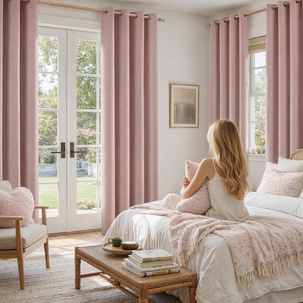 HOMEIDEAS 100% Blush Pink Linen Blackout Curtains for Bedroom, 52 x 84 Inch Length 2 Panels Faux Linen Thermal Insulated Black Out Grommet Window Drapes for Living Preppy Room Decor，Nursery