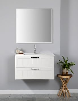 32" Wall-Mounted Bathroom Vanity with Ceramic Basin & Mirror Set, Modern Floating Wood Bathroom Vanity Cabinet Combo with Double Drawer and Metal Handle for Small Space