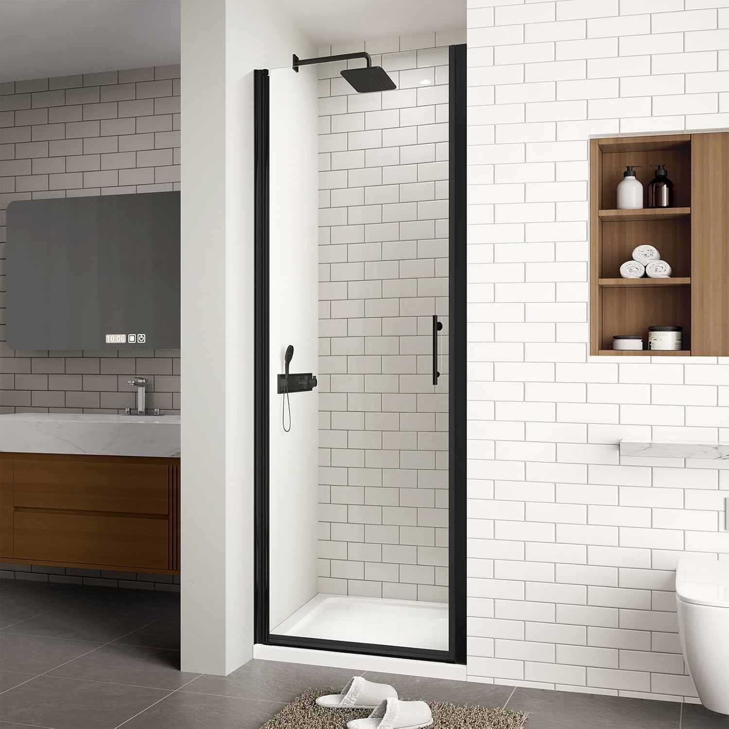 24-25.4" W x 72" H Frameless Pivot Shower Door, 1/4" (6mm) Clear SGCC Tempered Glass Shower Door, Pivot Swing Shower Glass Door in Matte Black Finish, Reversible Installation