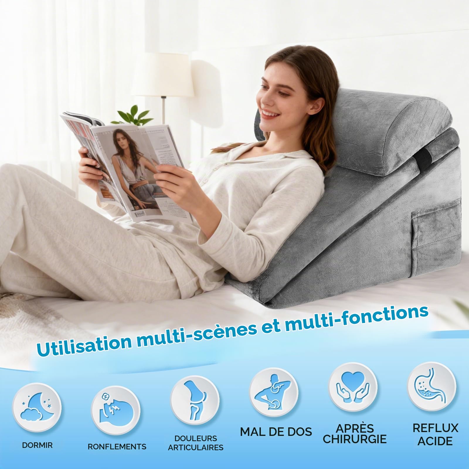 Coussin incliné pour lit, Coussin tTriangulaire en Mémoire de Forme pour l'apnée du Sommeil, Coussin de Lecture pour Lit pour l'apnée du Sommeil, Reflux Acide, l'élévation des Jambes, Gris