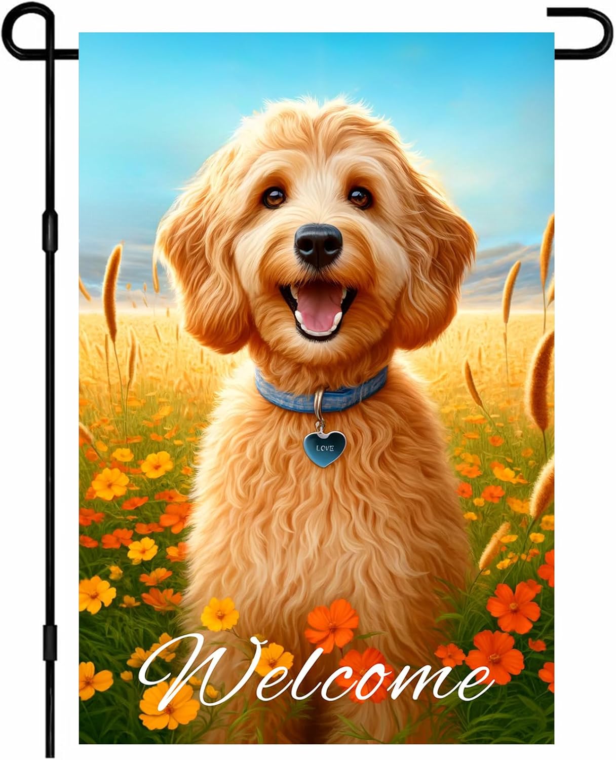 IVN Spring Summer Welcome Dog Garden Flag 12x18 Inch Double Sided Golden Dog Garden Flags For Outside Cute Puppy Floral Field Yard Flag Lawn Porch Patio Outdoor Decor