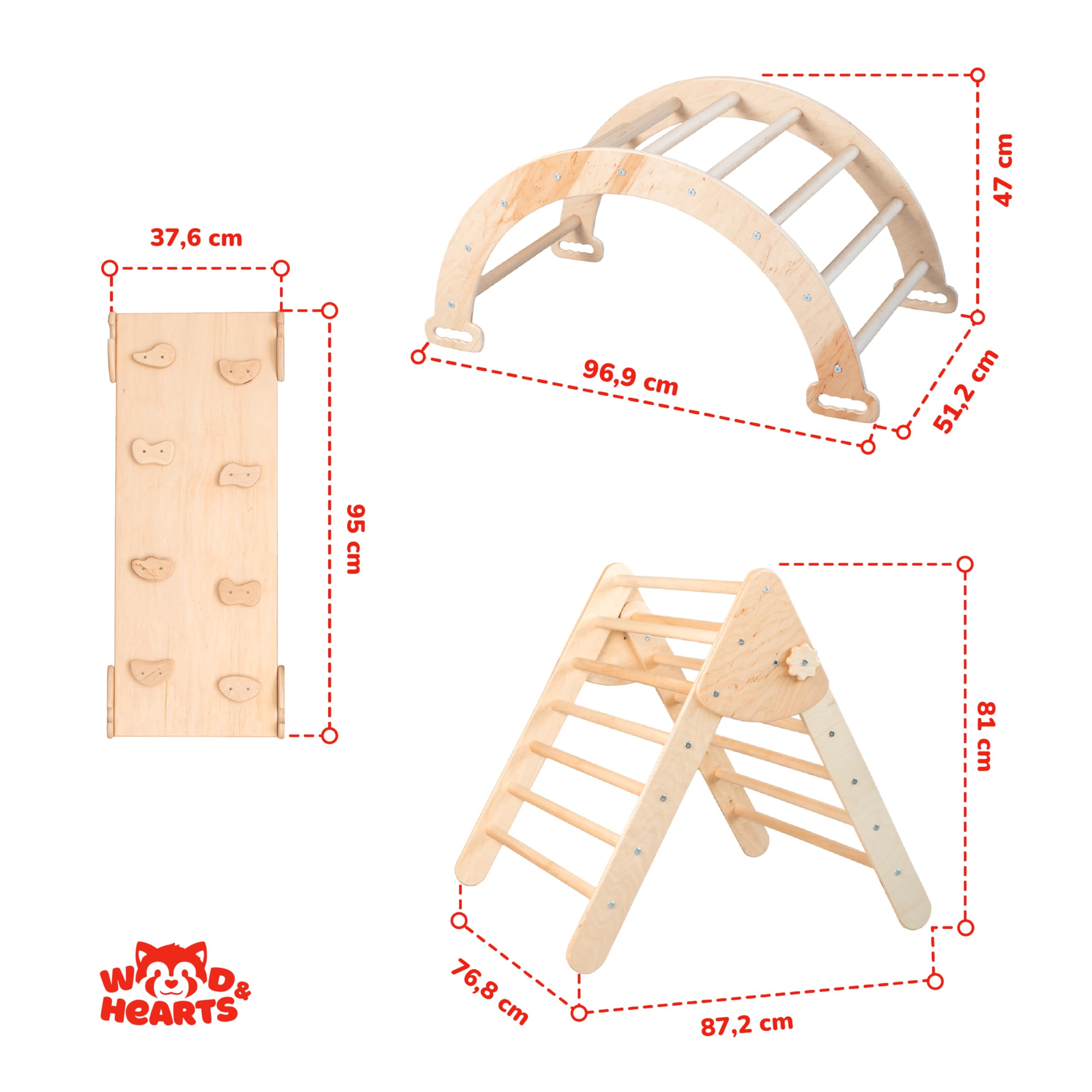 Wood And Hearts kletterdreieck, kletterbogen, Indoor Spielplatz, rutsche Indoor kletterdreieck mit rutsch, Klettern Kinder Indoor, Montessori Rampe Bogen Kletter Leiter(4-8 Jahre)