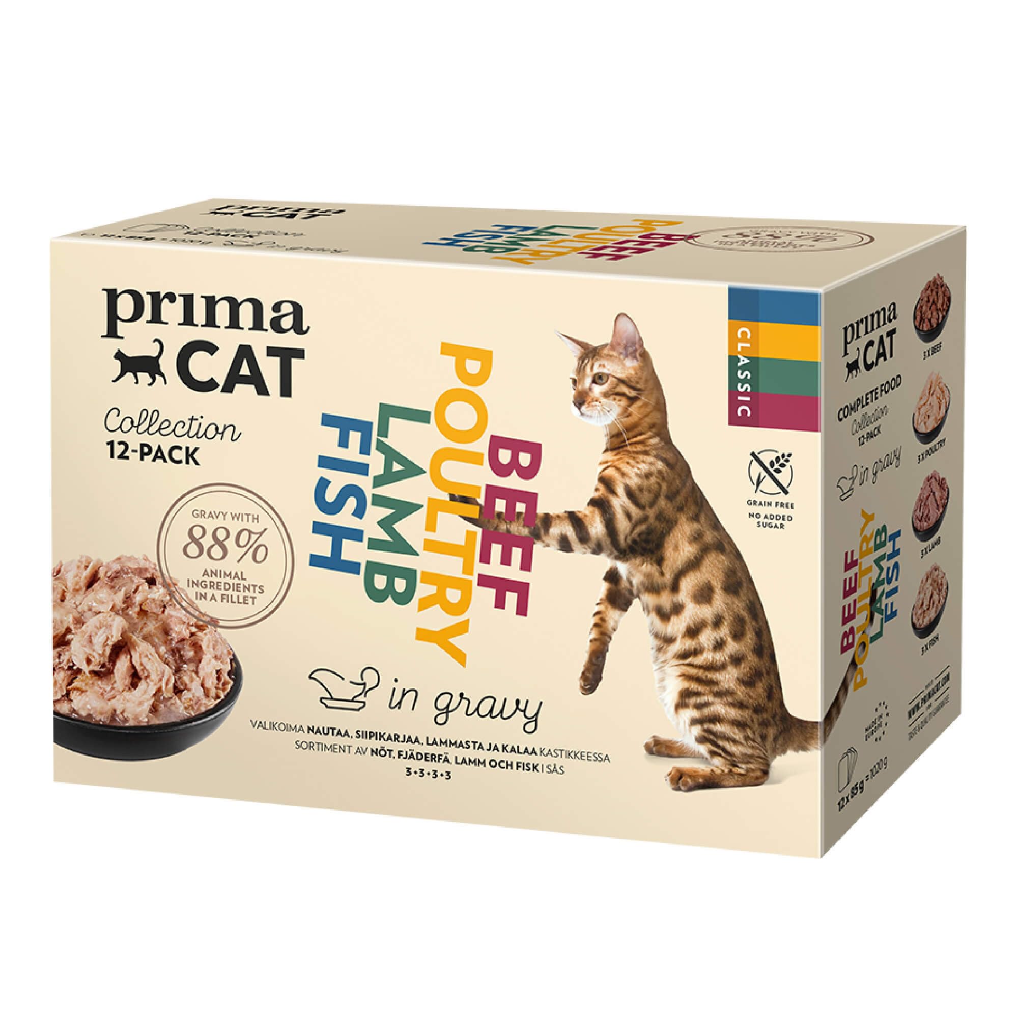 PrimaCat - Classic Complete Wet Cat Food, Multipack Cat Food in Gravy, 12 pack of 85g- Amazon Exclusive