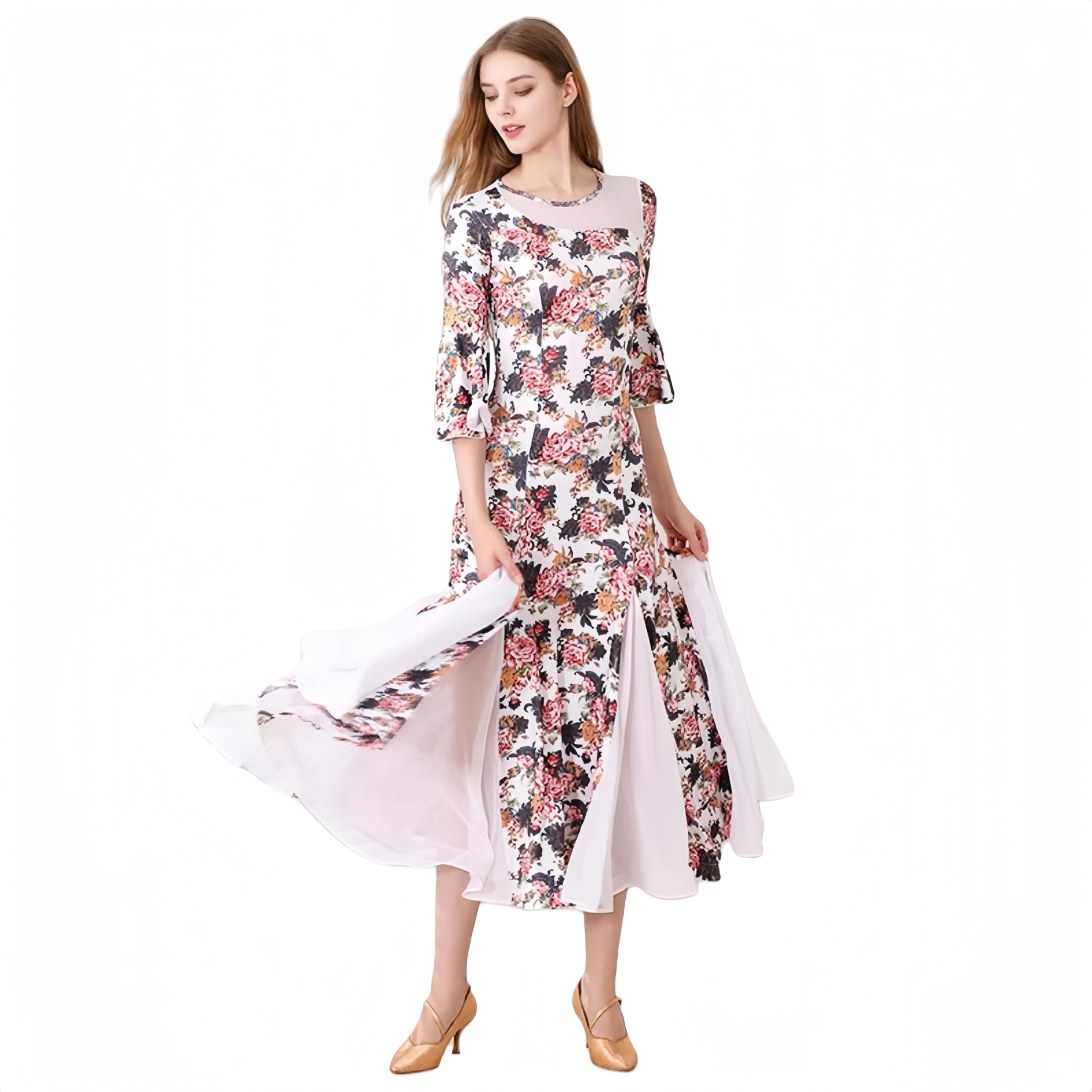 FCDDQM Women's Ballroom Dance Competition Dress Modern Waltz Tango Standard Dress Half Sleeve Performance Costumes White