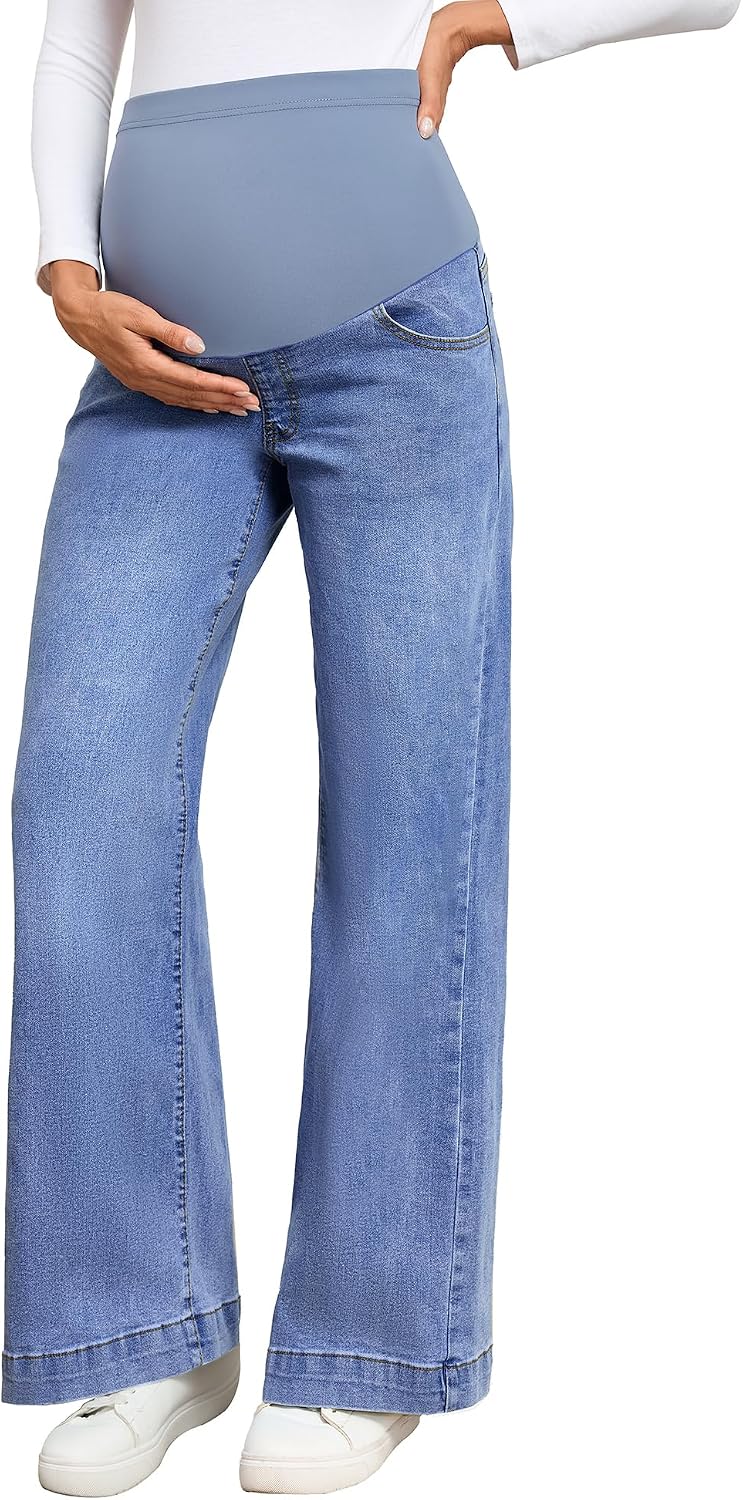 Genhoo Womens Maternity Jeans Wide Leg Over Belly Stretch Maternity Pants