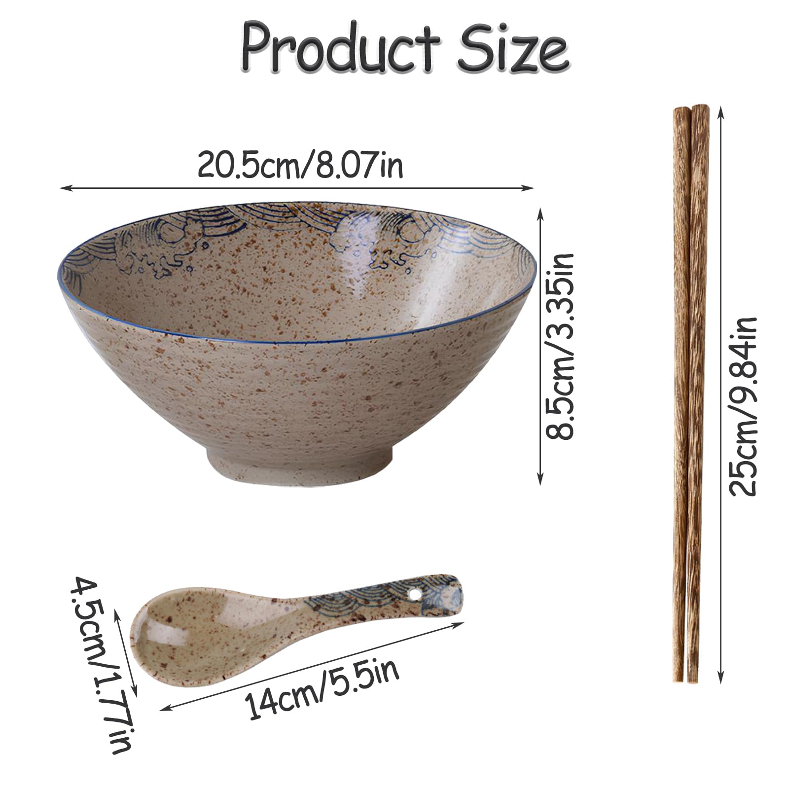 2 Set Ciotola per Ramen in Ceramica 1200 ml, Set di Ciotole per Ramen 1200 ml, Grande Ciotola Zuppa Noodles Giapponese, con Bacchette e Cucchiaio, per Zuppa di Ramen, Pasta, Macedonia, Riso
