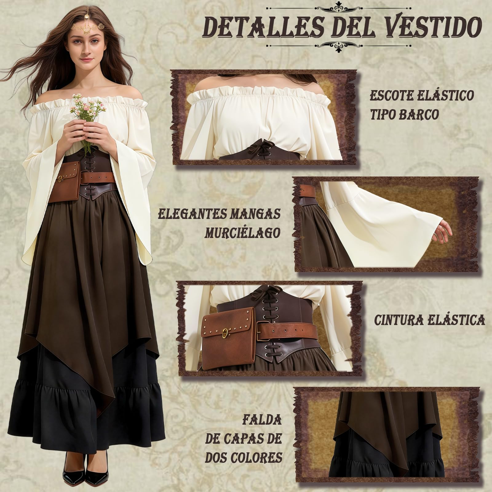 Disfraz Medieval Mujer, Vestido Medieval Mujer Conjunto de Disfraz Vikinga Adult con Corsé, Riñonera y Cinturón, Traje Victoriano para Carnaval Halloween