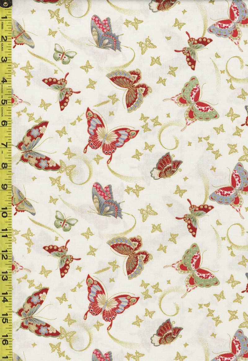 Asian Fabric - Kyoto Garden - Colorful Floating Butterflies - CM1668 - Cream - by The Half Yard