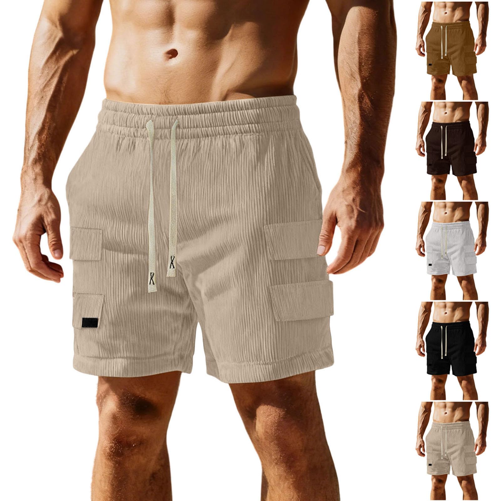 Men's Casual Shorts Corduroy Elastic Waist Drawstring Summer Beach Short