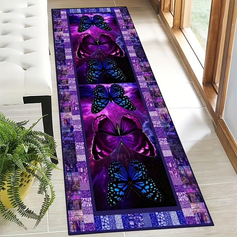Bycmuoz Purple Butterfly Print Carpet Runners, 60x240cm, Dreamy Starry Sky Pebble Runner for Entryway, with Non-Slip Backing Low Pile Ultra Soft Pet Friendly Rugs for Living Room Kitchen — image 1