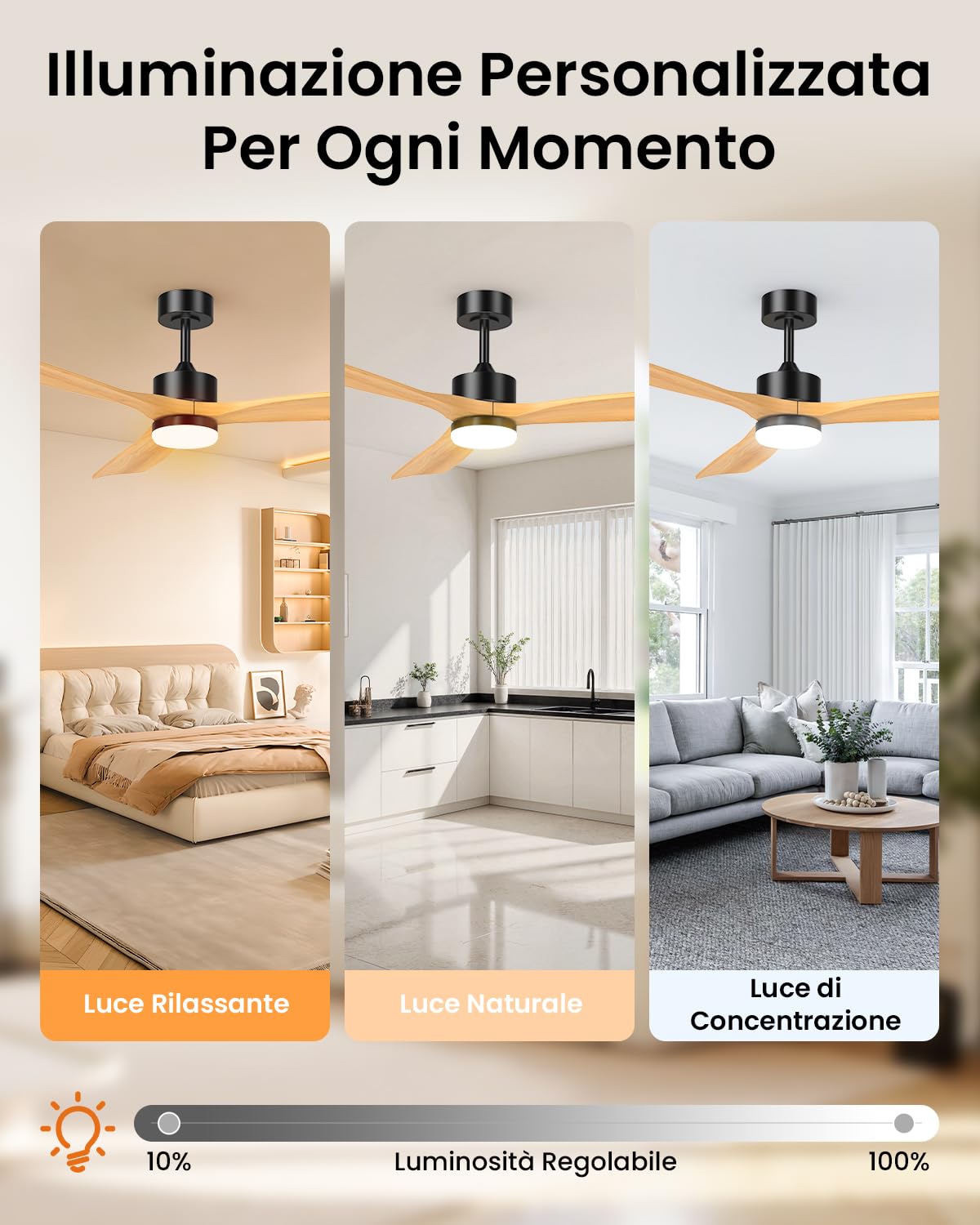 Airwit 152cm Ventilatore Soffitto Grande con Luce e Pale in Legno Massiccio | LED regolabile, telecomando, motore DC silenzioso e reversibile, per ampio soggiorno, terrazzo e spazio esterno