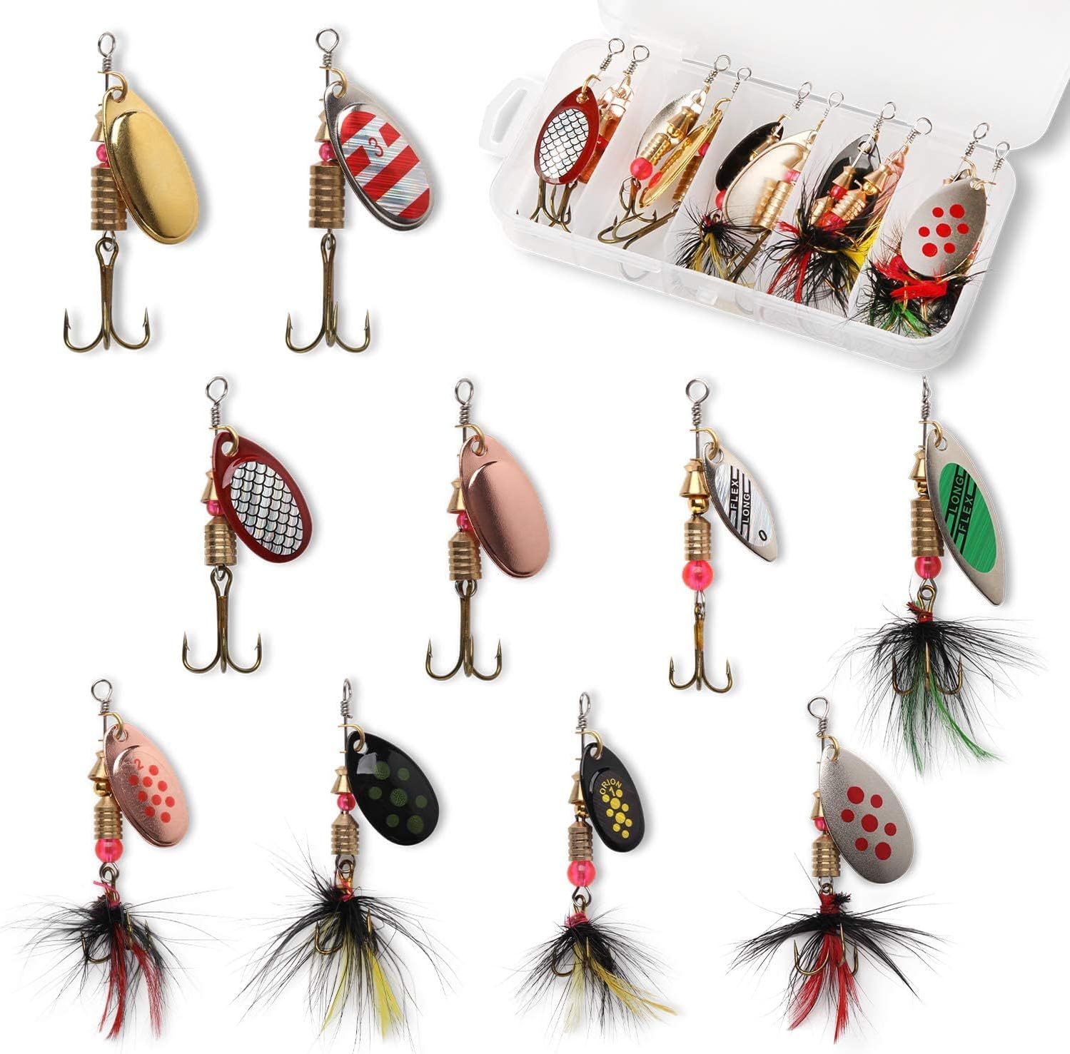 Fishing Lure Spinnerbait, 10 Pcs Bass Trout Salmon Hard Metal Spinner Baits Kit with Tackle Boxes, Portable Spinner Baits for Saltwater Freshwater Bass Trout Salmon Crappies Perch Fishing