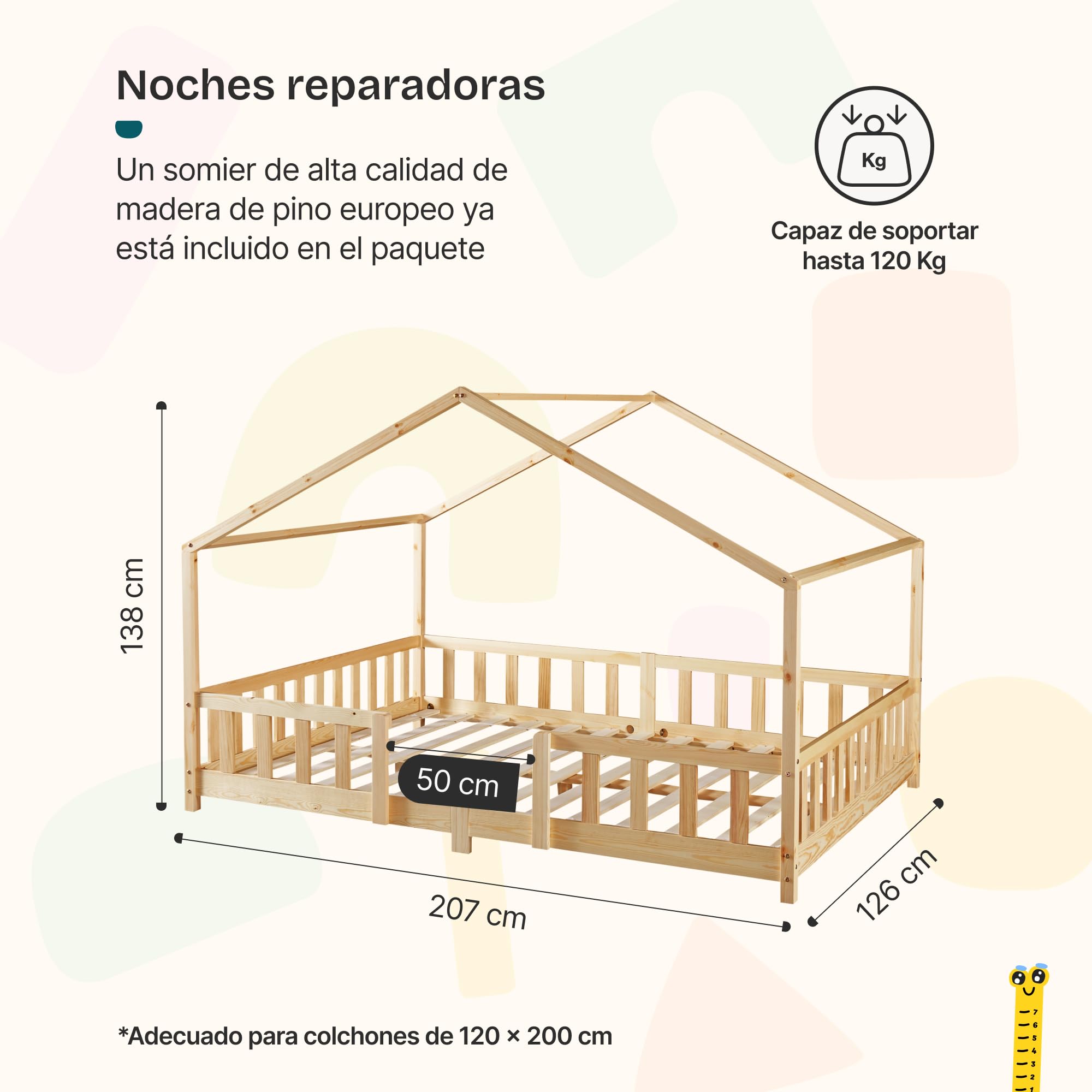 [en.casa] Cama para niños Casita Treviolo hasta 120 kg Cama Infantil con Reja Protectora Forma de casa de Madera Pino 120 x 200 cm - Pino Natural