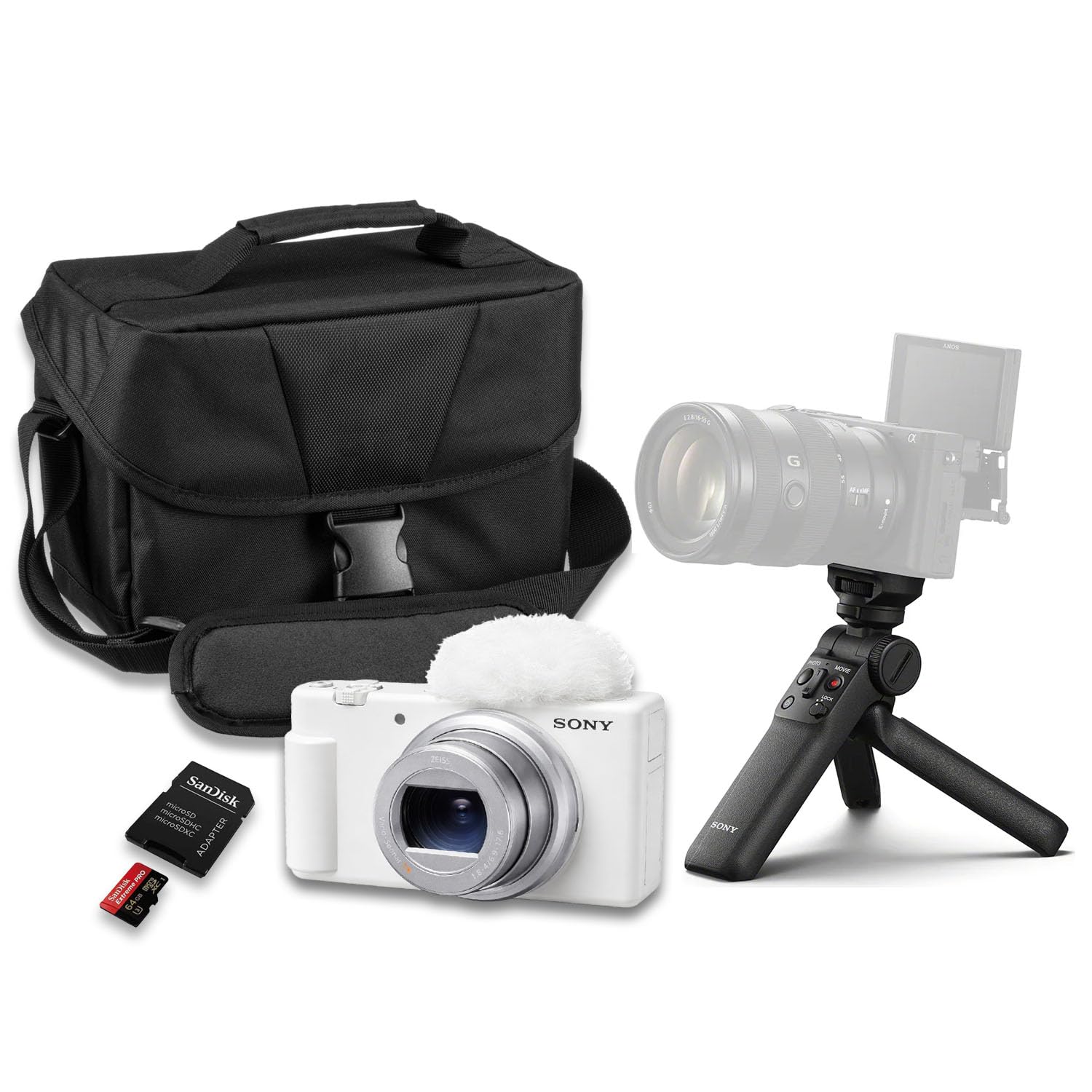 Sony ZV-1 II Digital Camera (White) with Sony GP-VPT3 Wireless Shooting Grip + SanDisk Extreme Pro 64GB + Camera Carrying Case + SD Card Adapter and More (10pc Bundle)