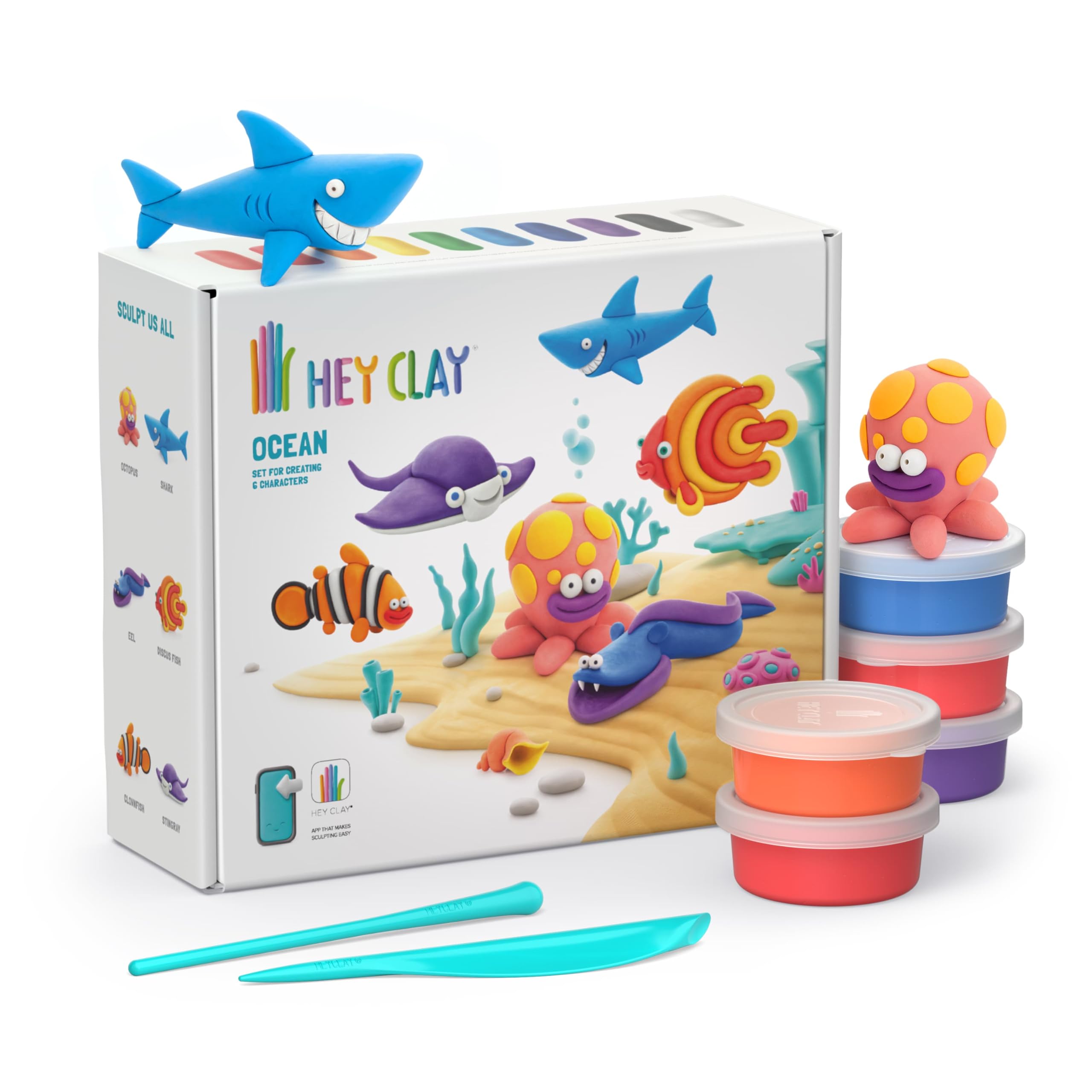 Hey Clay Ocean Set - Colourful Modeling Kids - Air Dry Clay Kit 15 cans and Sculpting Tools with Fun Interactive Instructions App