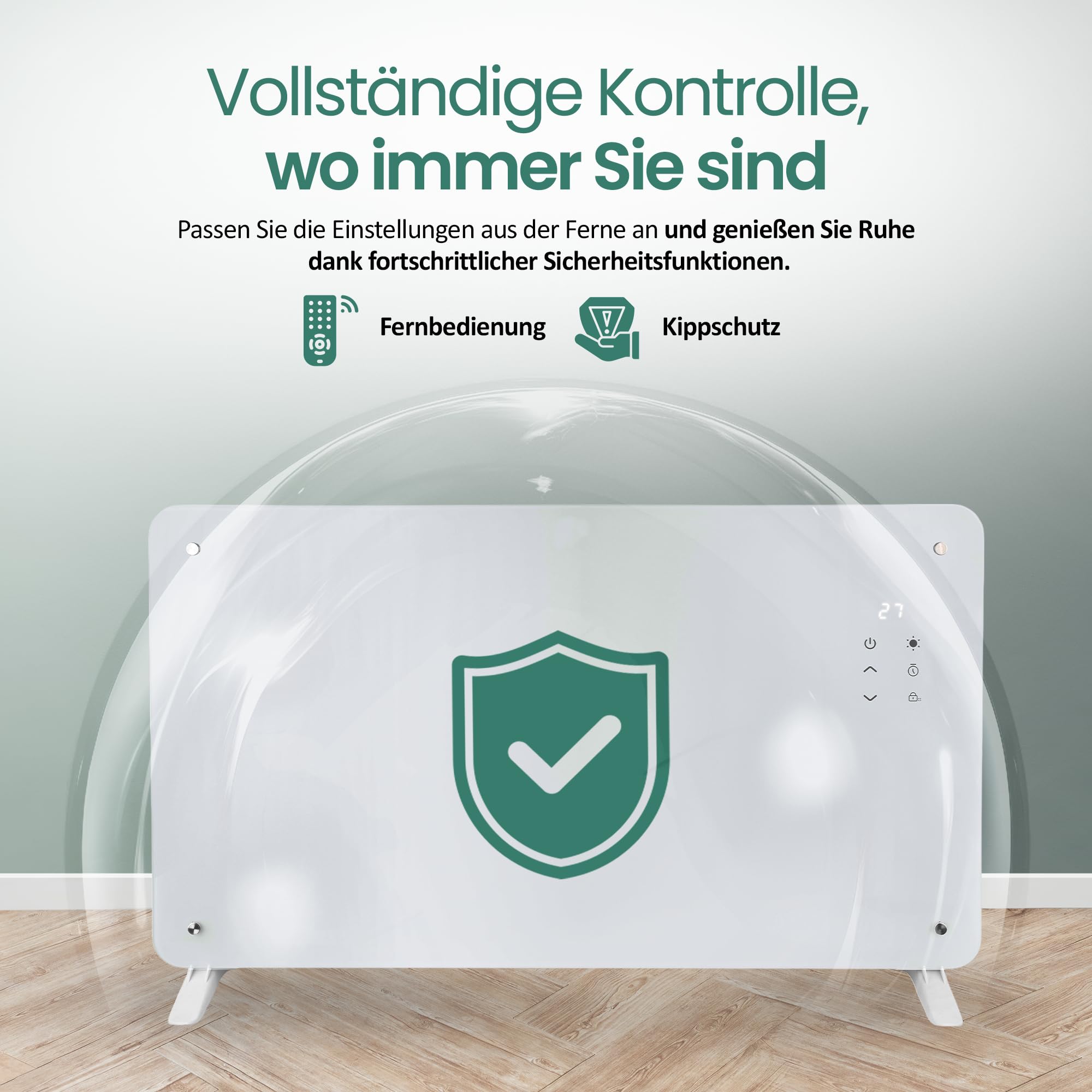 EMERIO - Radiador eléctrico con convector de cristal, 76,5 x 47 cm, mando a distancia, calefacción eléctrica en pie o pared, pantalla LED, termostato de 10 a 35 °C, temporizador 24 h, 2000 W, IP24, GR