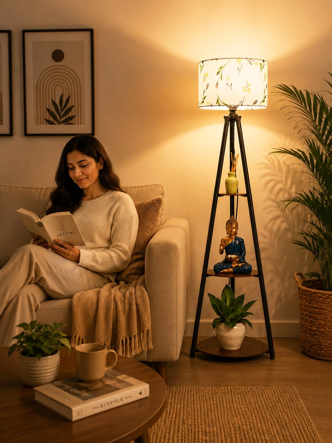 Crosscut Furniture LED Tripod Floor Lamp with 3 Shelves, Farm Petal, Multicolour, Metal Floor Lamp for Decoration and Gifting
