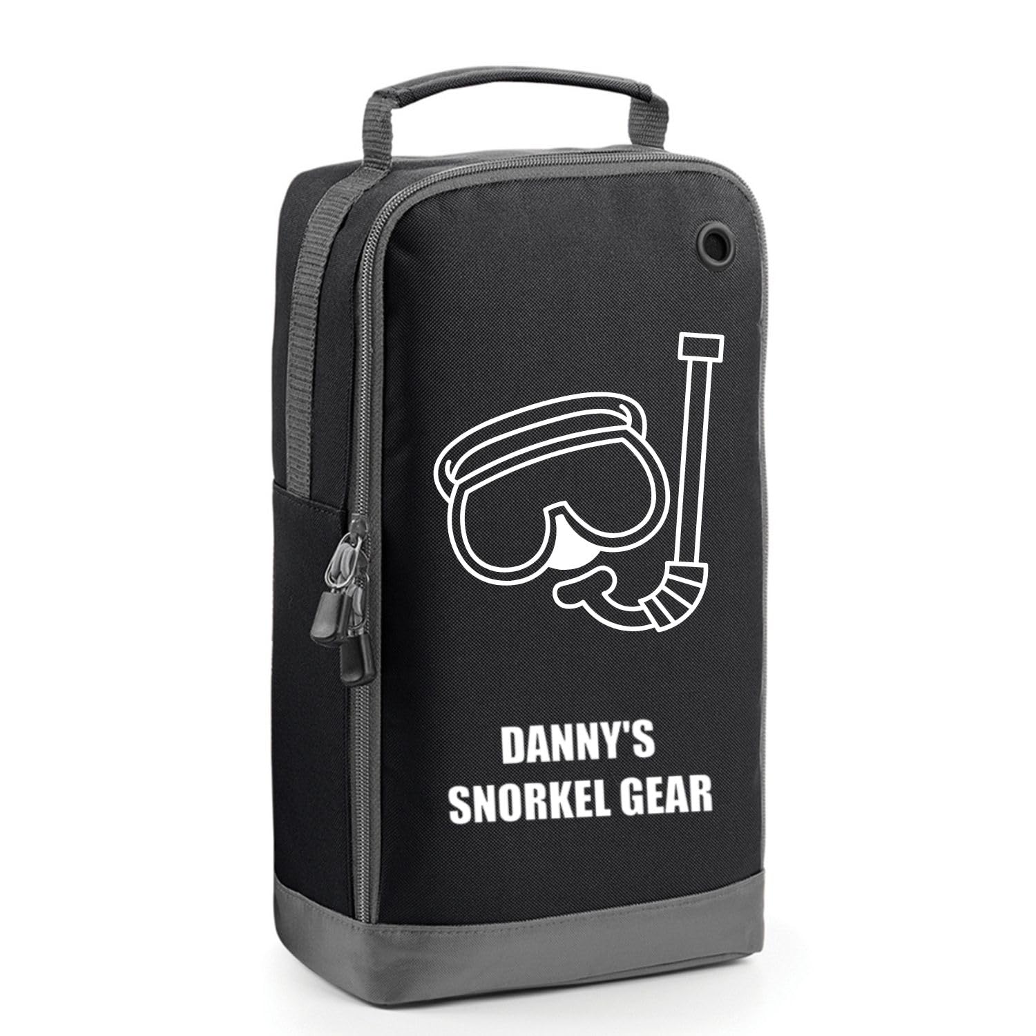 Personalised Snorkel & Mask Storage Bag – 8L, 35x19x12 cm, Water-Resistant Travel Pouch, Wipe Clean Interior, Mesh Pocket, Ventilated, Name Option, Diving Gear Organiser Bag (Black/Grey)