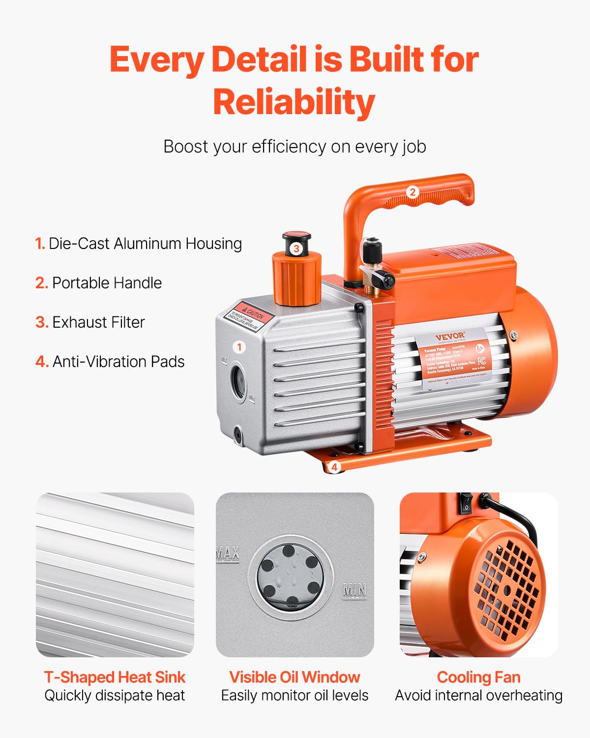 VEVOR Pompa per Vuoto 6 CFM, Pompa per Vuoto a Palette Rotanti 2 Stadio HVAC per Sistemi Kit Pompa per Vuoto AC per Auto con Contenitore per Olio per Manutenzione Aria Condizionata da Veicoli