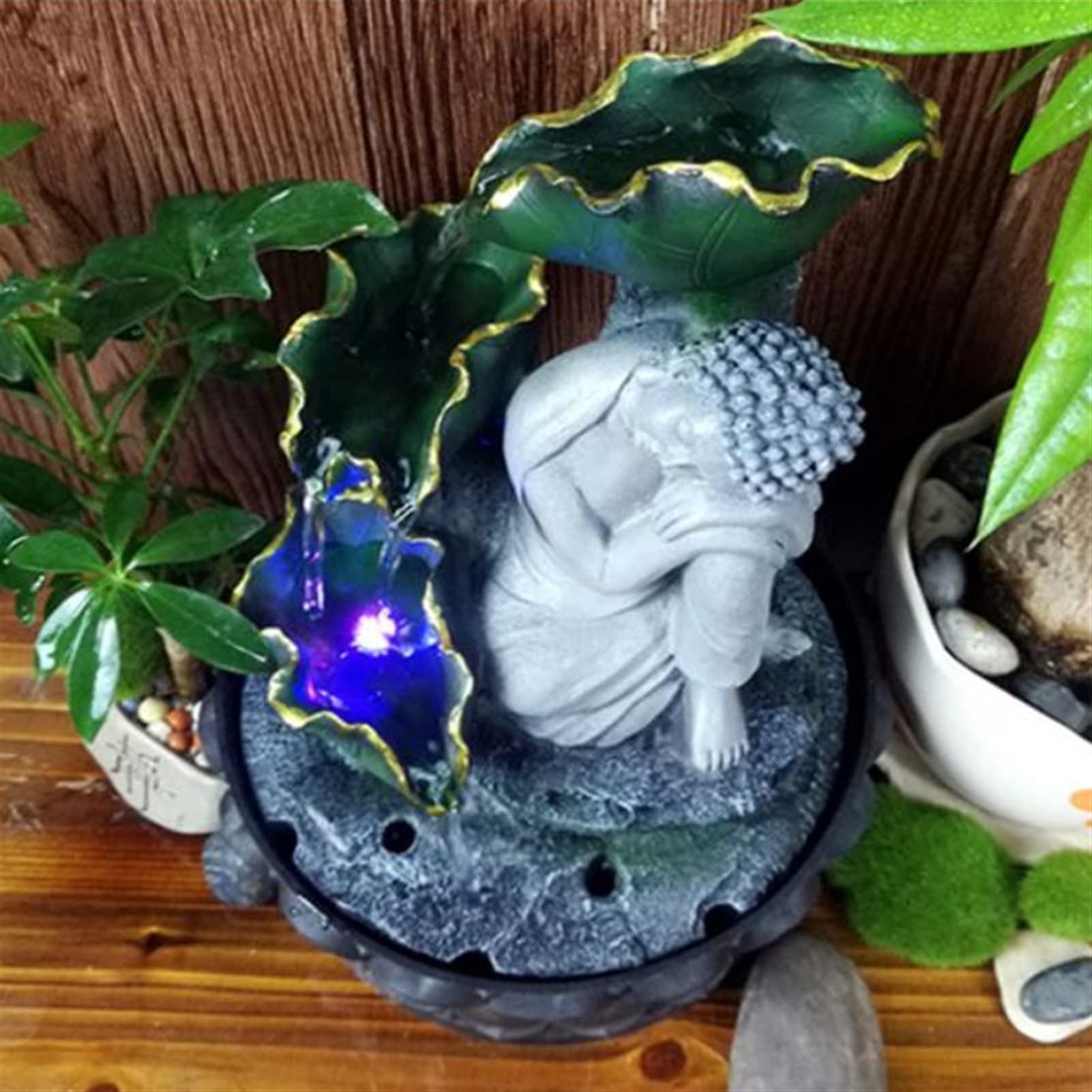 BONAD Fontaine d'intérieur Fabriqué à la Main Assise Statue Bouddha Statue Courante Eau LED Fontaine Zen Salon Feng Shui Waterscape Ornements Home Artisanat Fontaine de Méditation
