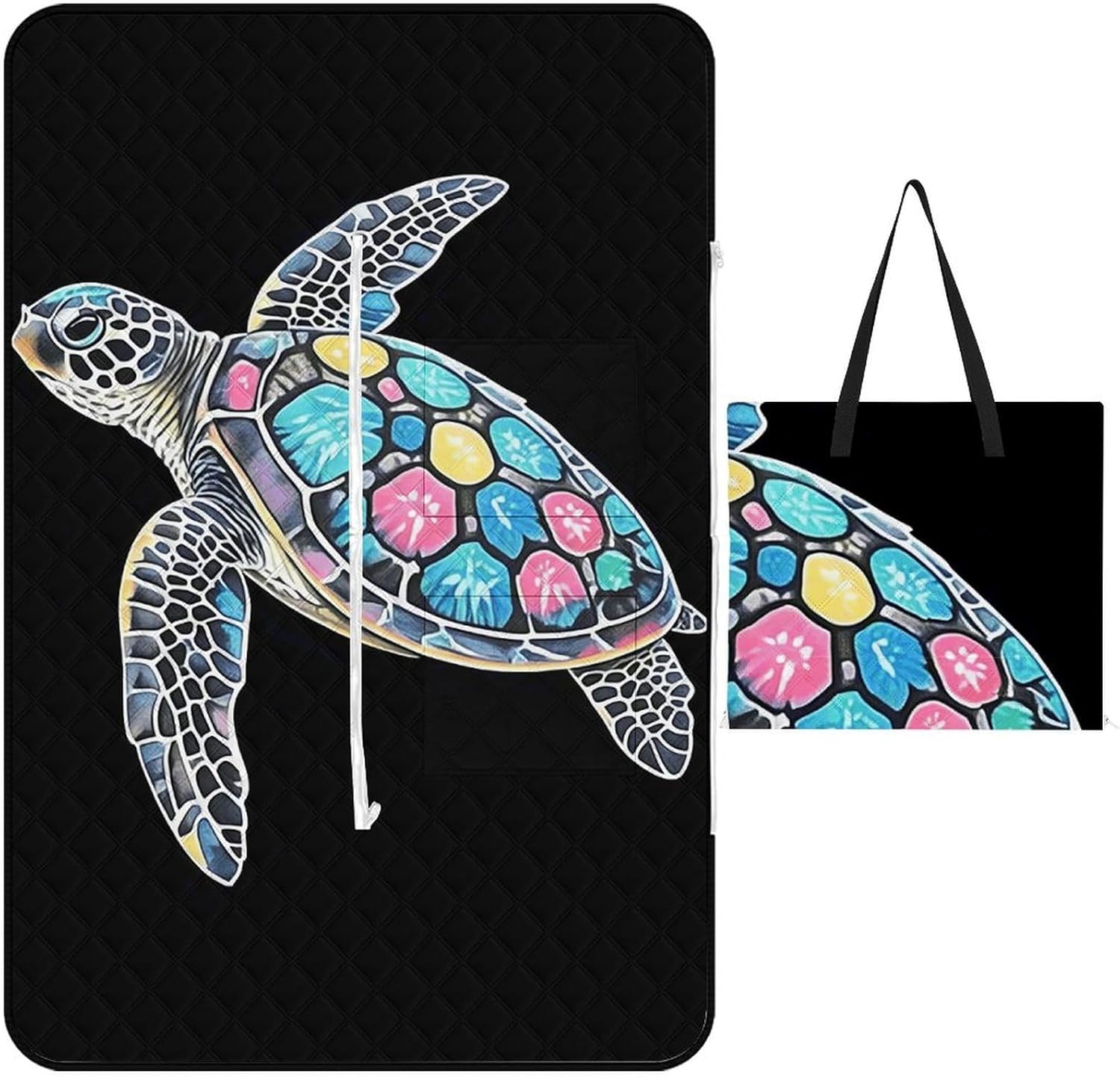 Watercolor Sea Turtle Picnic Blanket 150x100cm, Foldable 2-in-1 Picnic Mat and Tote Bag Portable Waterproof Beach Mat Sandproof Outdoor Blanket for Park, Hiking, Beach, Camping, Travel