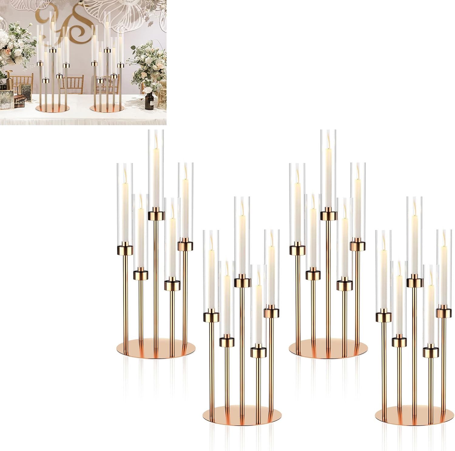 5 Arm Gold Candelabra Centerpieces for Table 4 Set Floor Candelabras Metal Candlestick for LED Candle 26'' Tall Candle Holders with Acrylic Lampshade for Wedding Party Fireplace 5 Arm Round 26 in