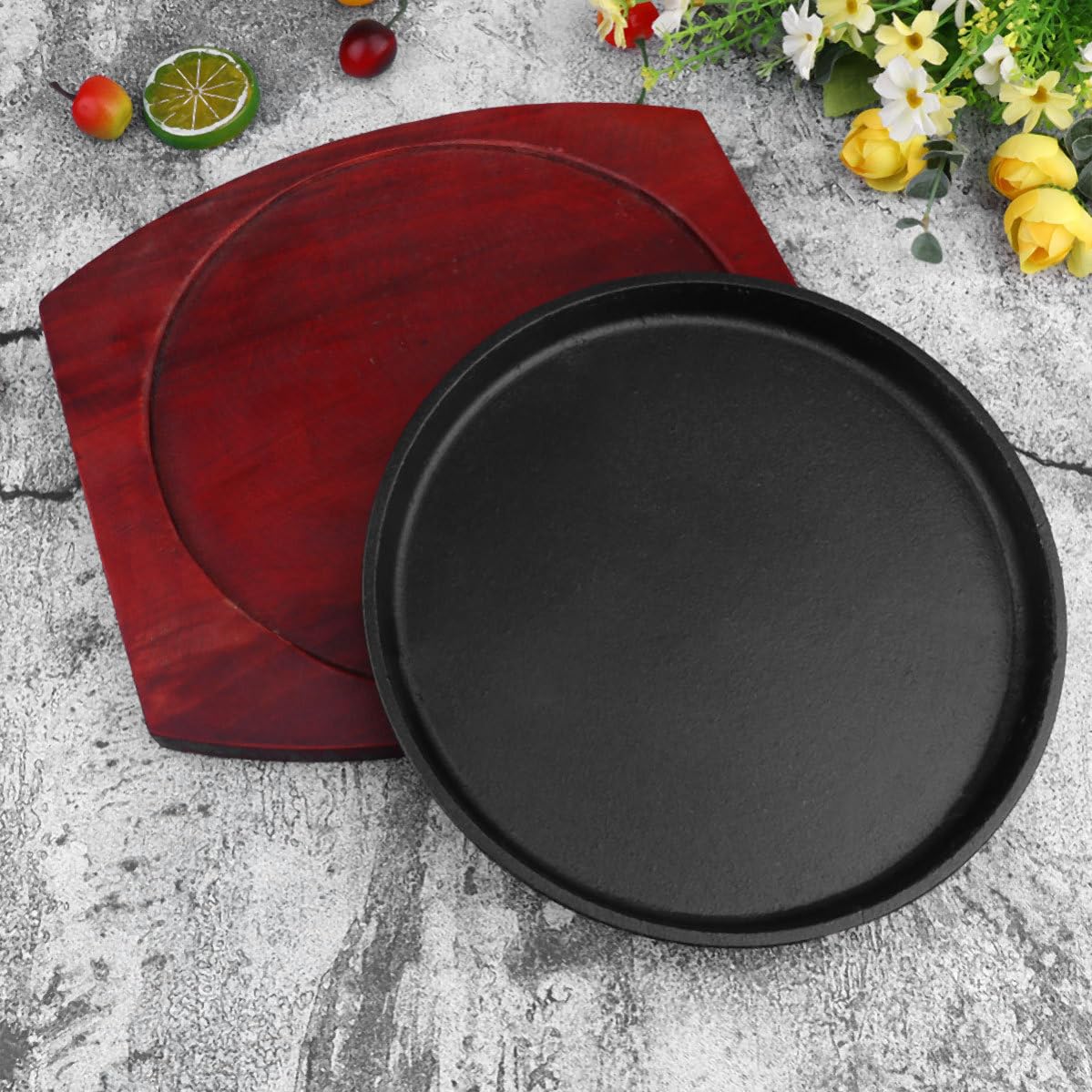 Healifty Rundes Bratblech 24cm aus Eisen und Holz Antihaftbeschichtet