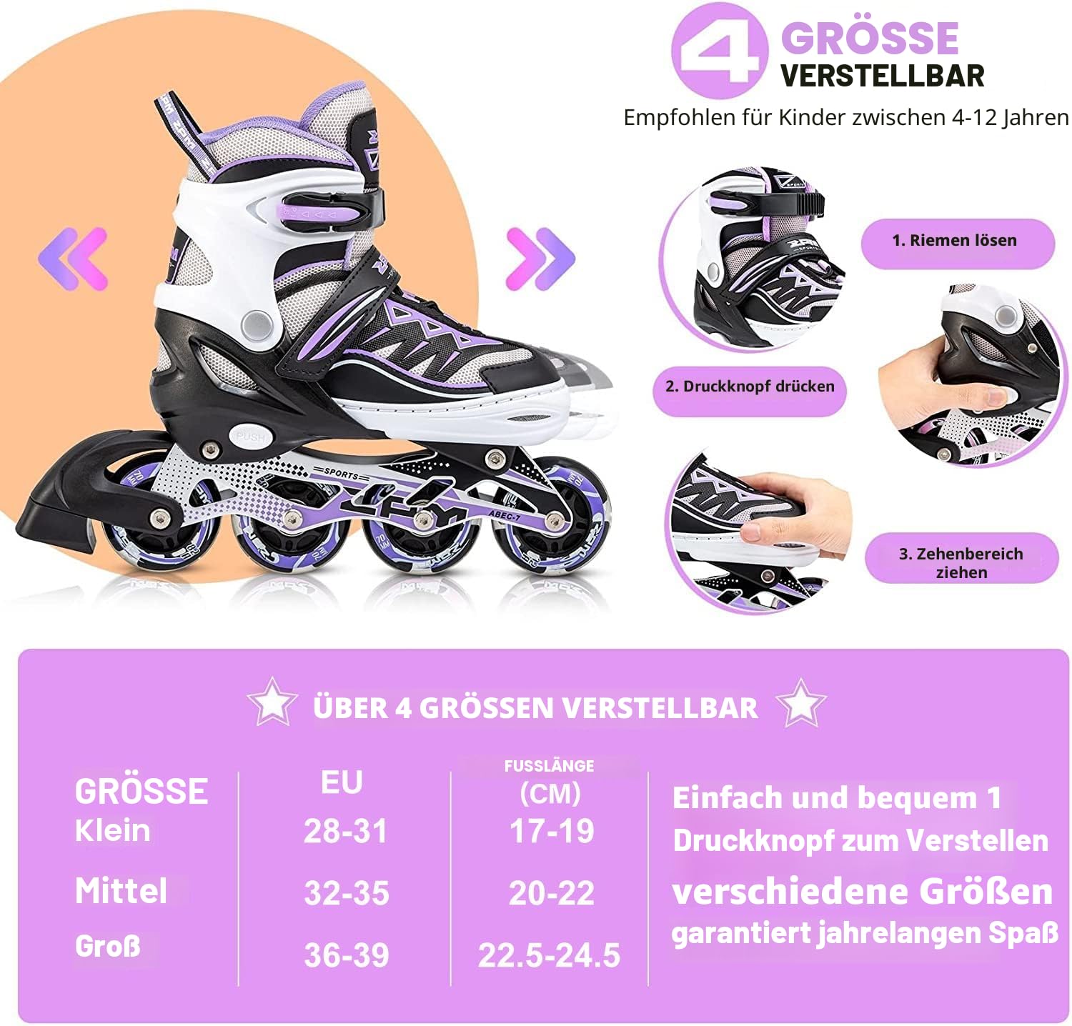 2PM SPORTS Cytia Rosa/Violett größenverstellbare Inliner Kinder mit leuchtenden LED Rollen, lustige blinkende Anfänger Mädchen Inline Skates mit Einstellbarer für Damen und Herren