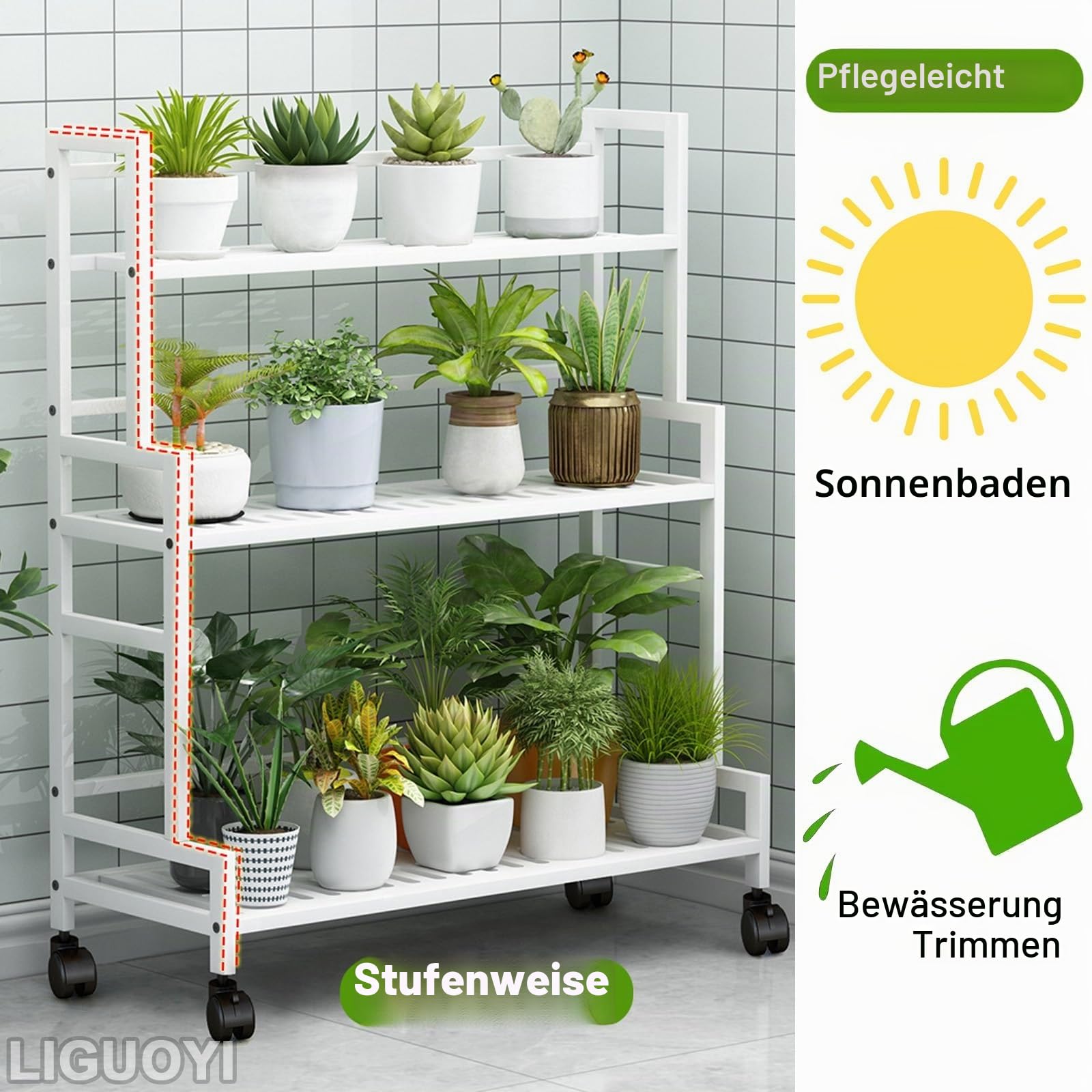 LIGUOYI Metall Blumentreppe Pflanzenregal Mit 3 Ebenen Indoor Outdoor Blumenregal Mit Rädern, Stabiles Stahlgestell Küchenregal Leiterregal Schuhablage Lagerregal Für Garten, Balkon, Wohnzimmer